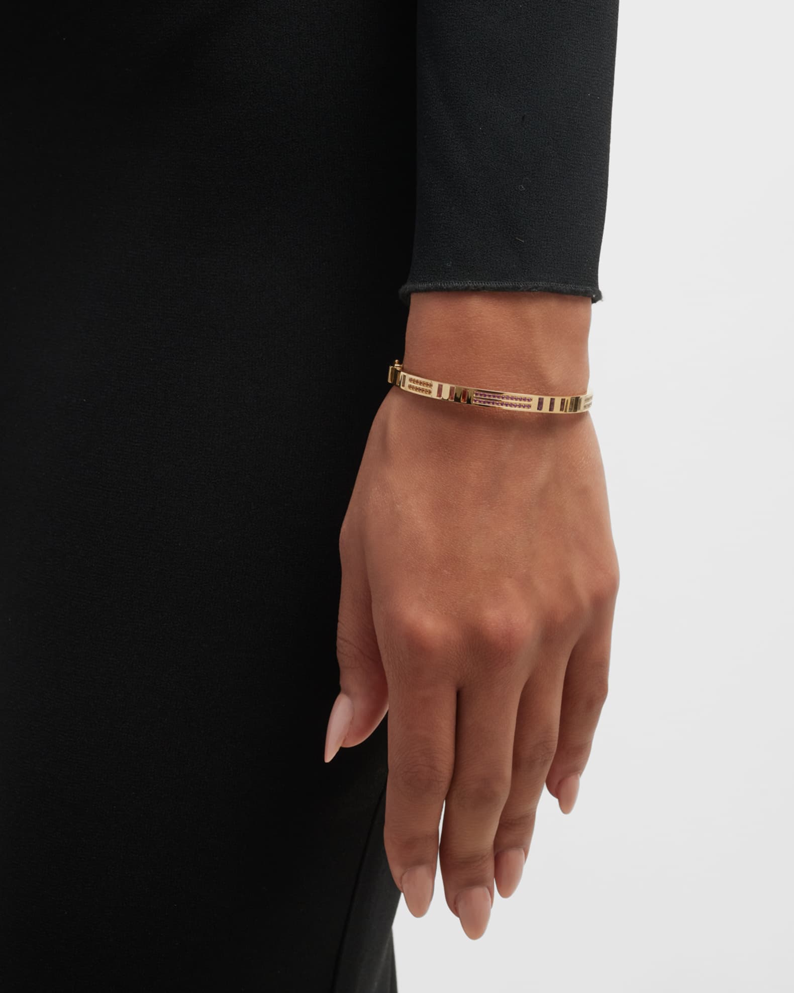 18K Yellow Gold Baguette and Pavé Diamond Bangle with Rainbow Sapphires 1