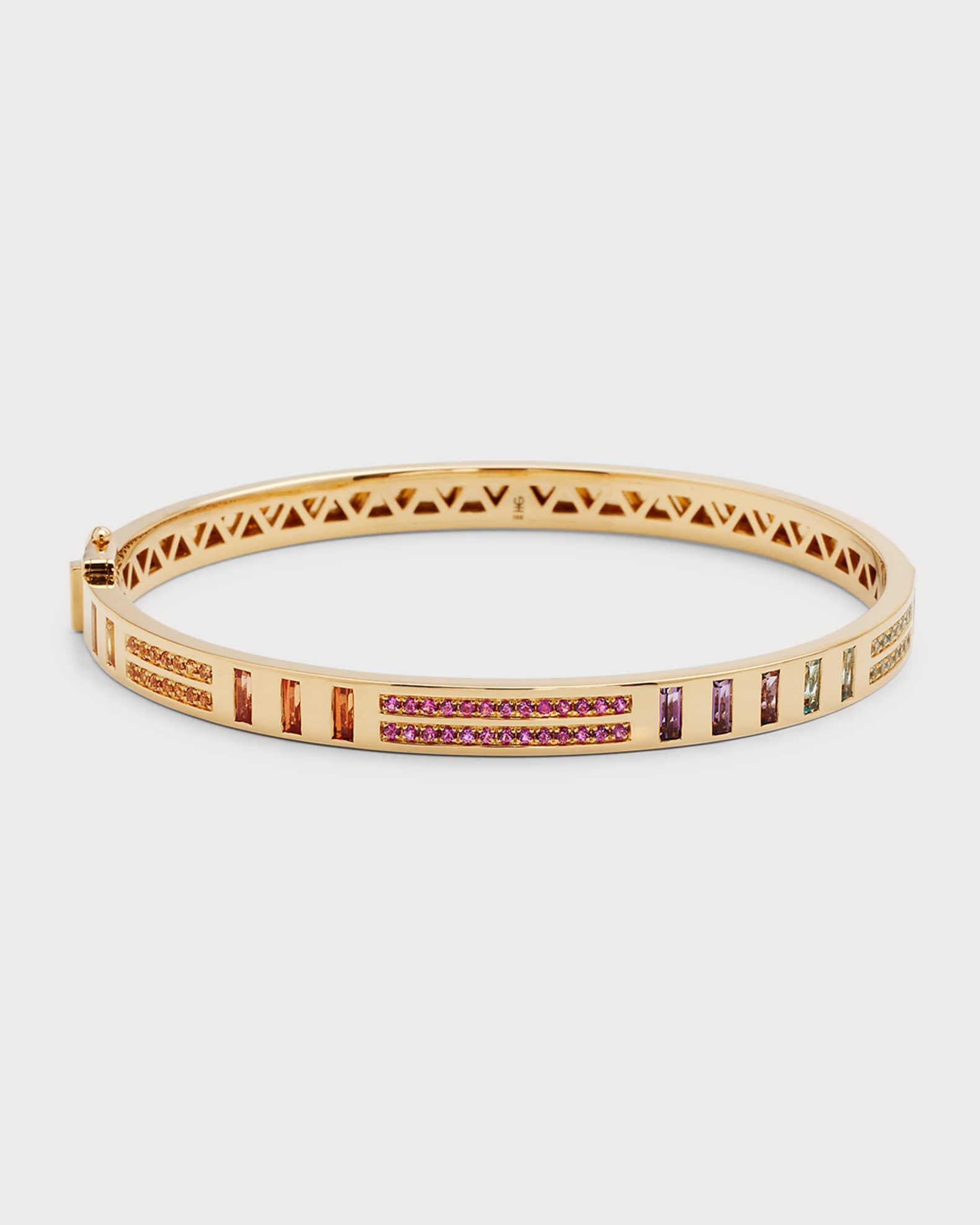 18K Yellow Gold Baguette and Pavé Diamond Bangle with Rainbow Sapphires 0