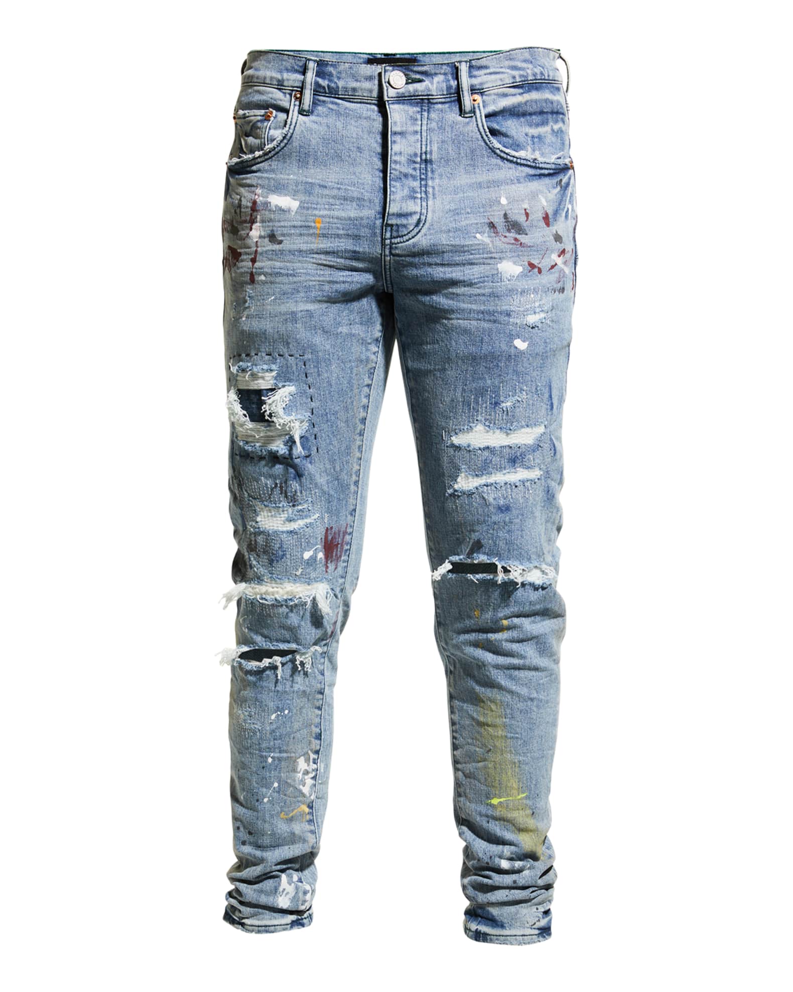 PURPLE Men's Ripped Paint Splatter Skinny Jeans Neiman Marcus
