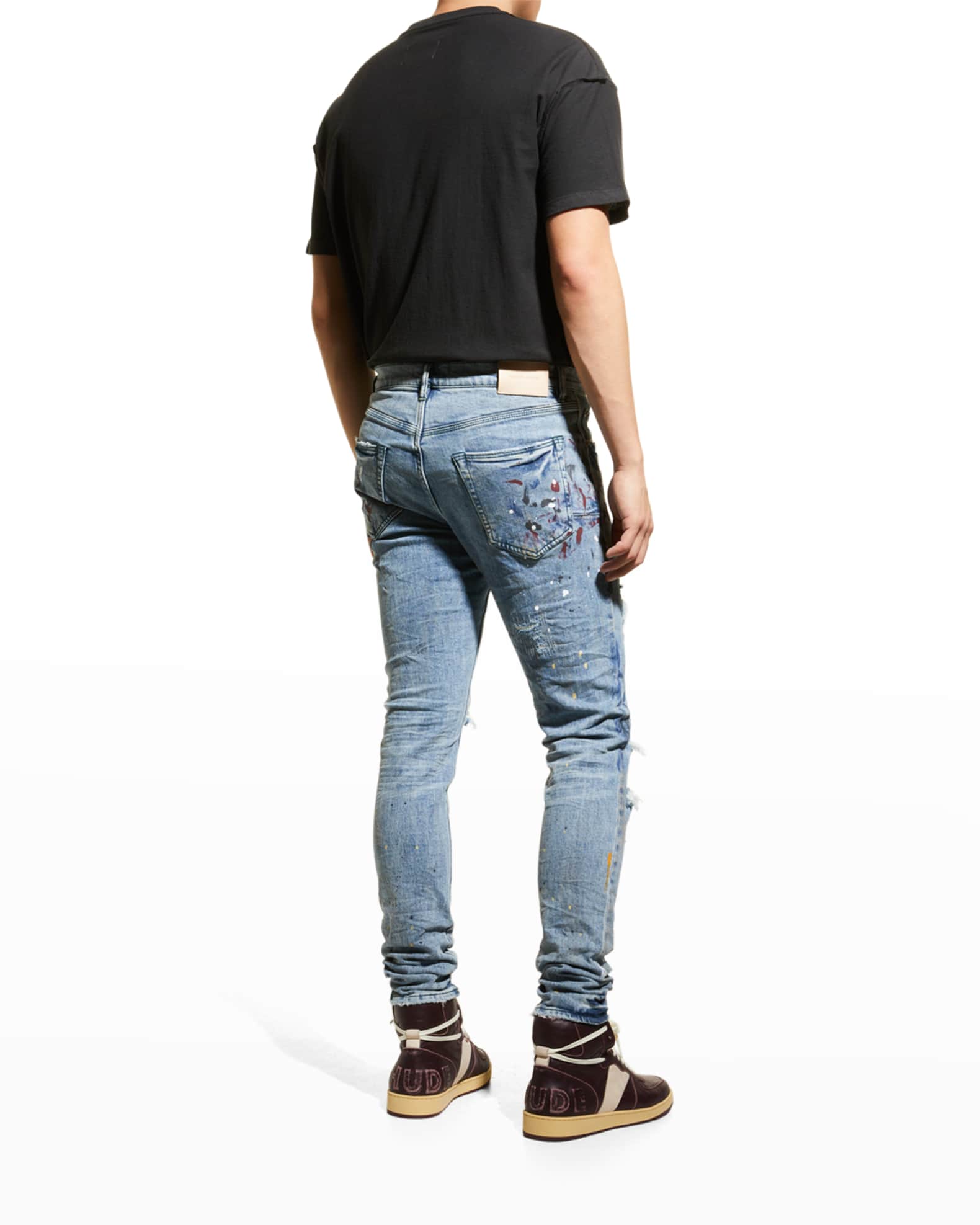 PURPLE Men's Ripped Paint Splatter Skinny Jeans Neiman Marcus