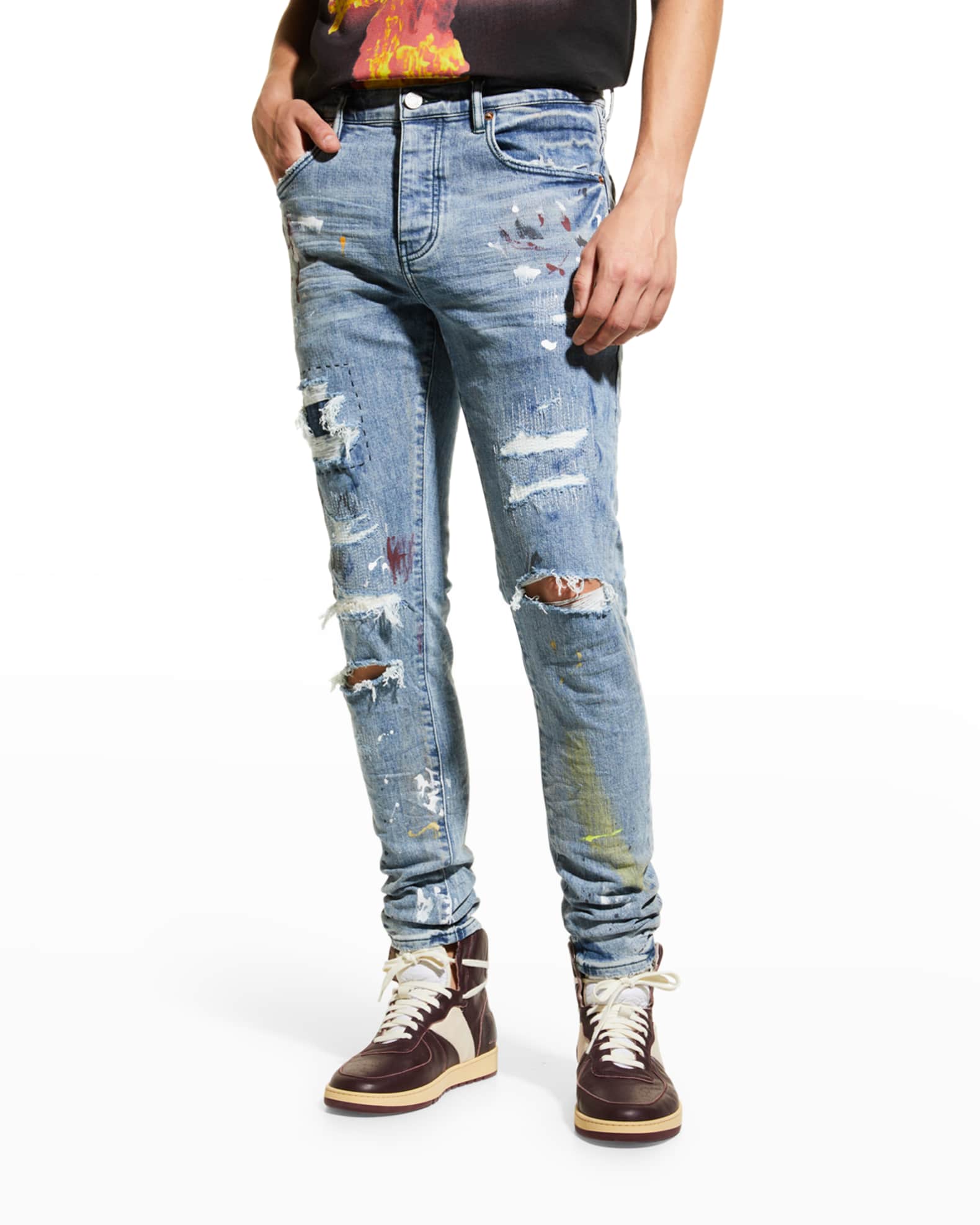PURPLE Men's Ripped Paint Splatter Skinny Jeans | Neiman Marcus