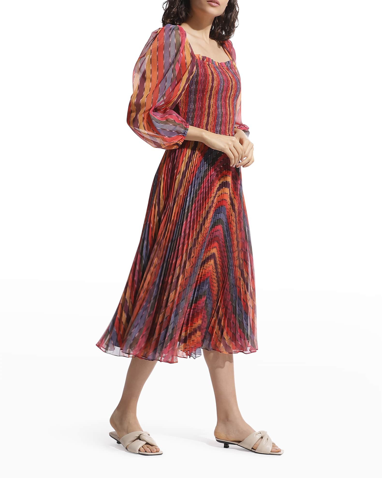 Ranna Gill Smocked Puff-Sleeve Pleated Chiffon Midi Dress | Neiman Marcus