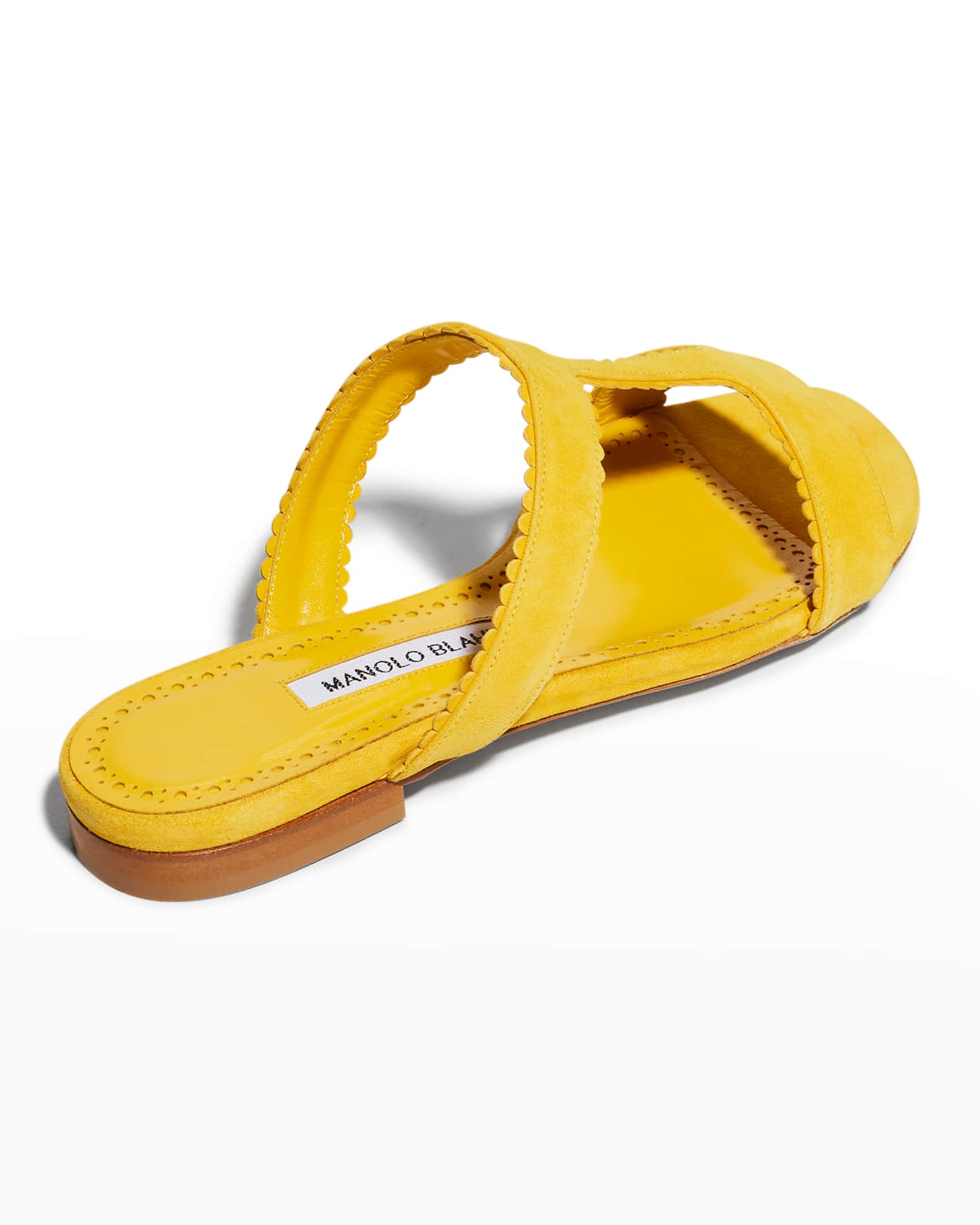 scalloped suede sandals