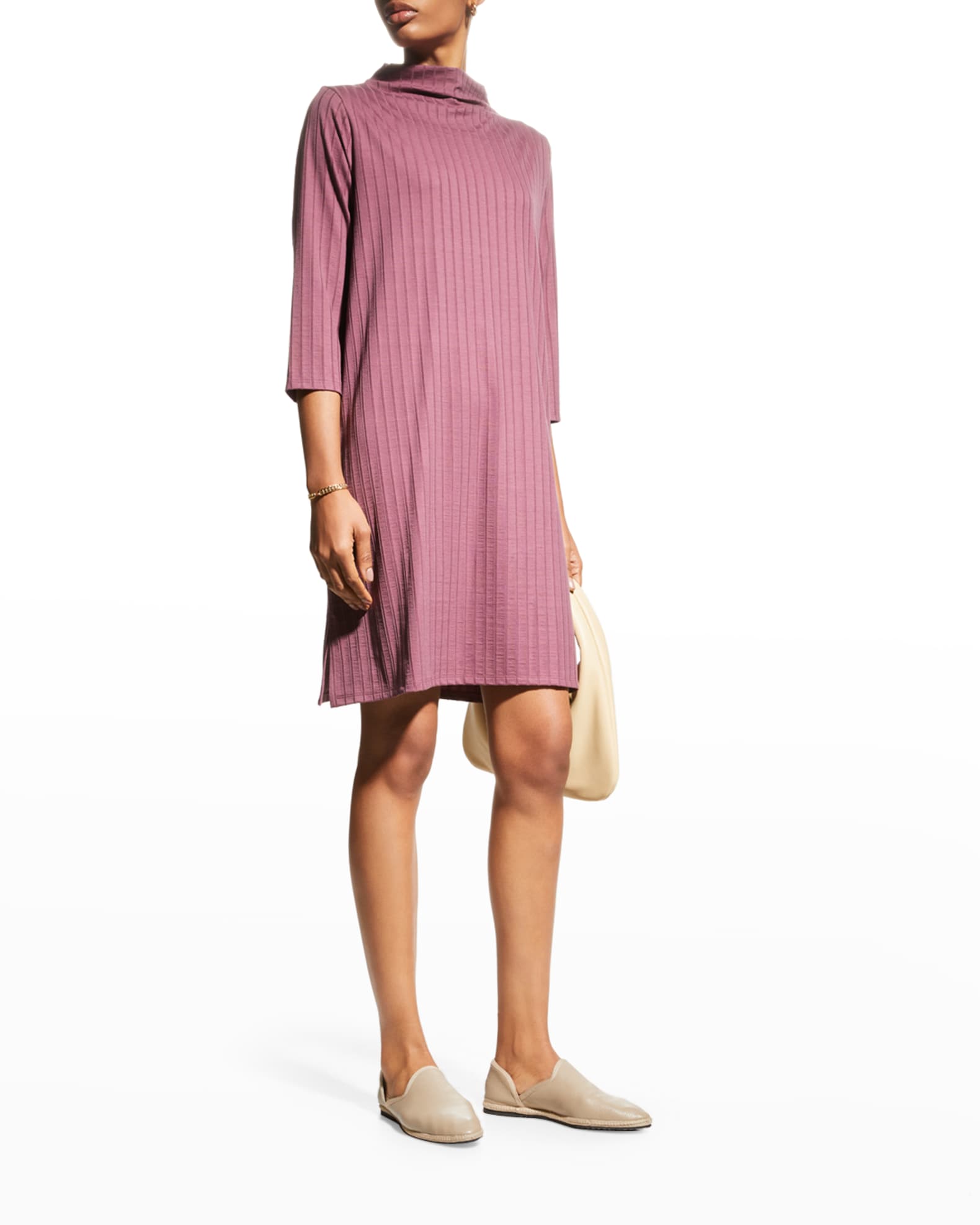 Eileen Fisher Funnel-Neck 3/4-Sleeve Ribbed Dress | Neiman Marcus