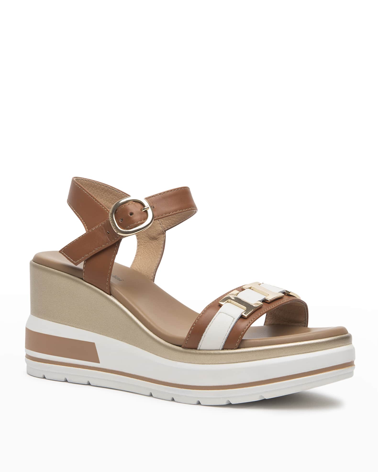 NeroGiardini Bicolor Leather Ankle-Strap Wedge Sandals | Neiman Marcus