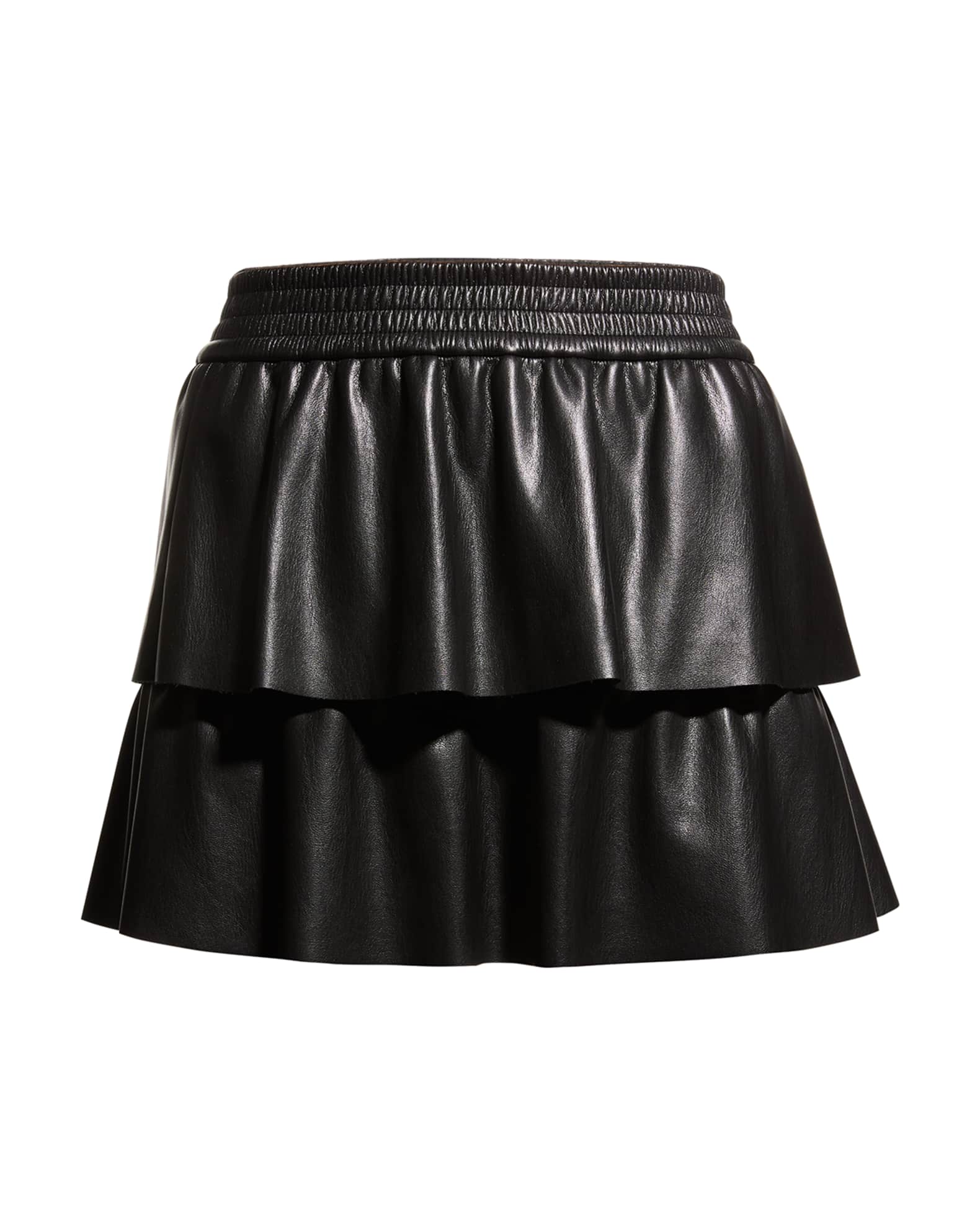Alice + Olivia Jia Vegan-Leather Smocked Tiered Mini Skirt | Neiman Marcus