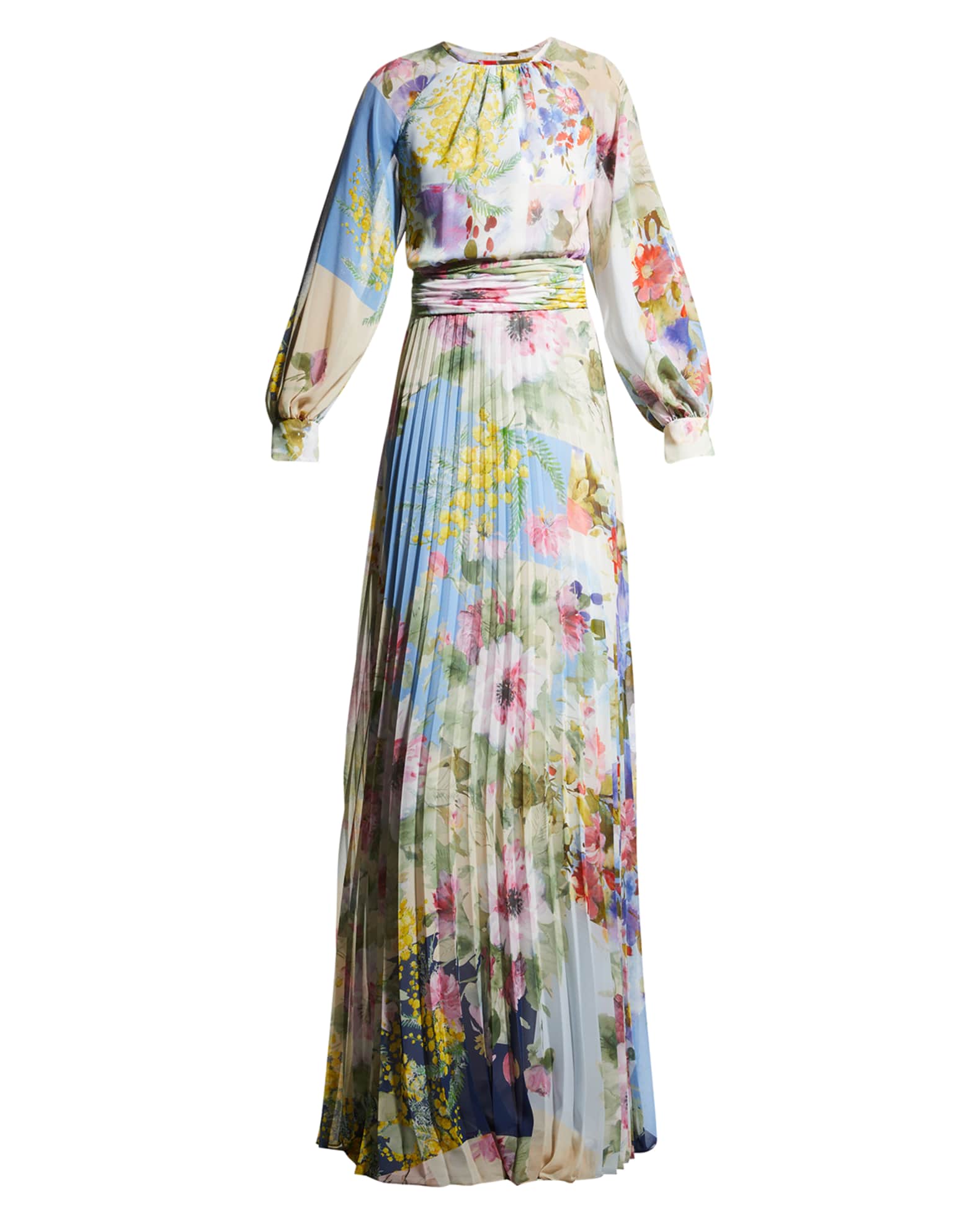 Rickie Freeman for Teri Jon Patchwork Floral-Print Pleated Gown ...