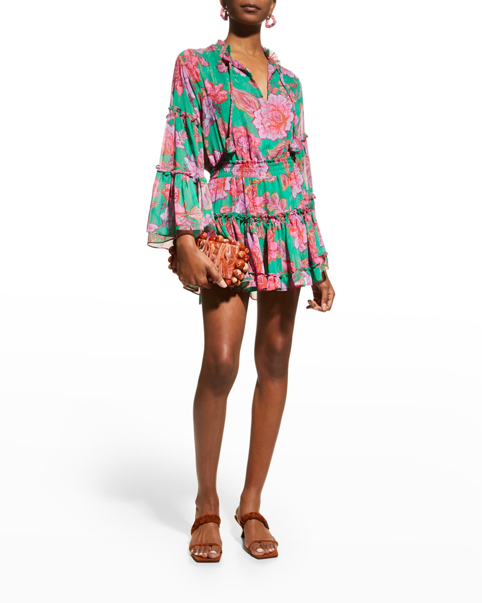 MISA Los Angeles Leeva Bell-Sleeve Tiered Mini Dress | Neiman Marcus