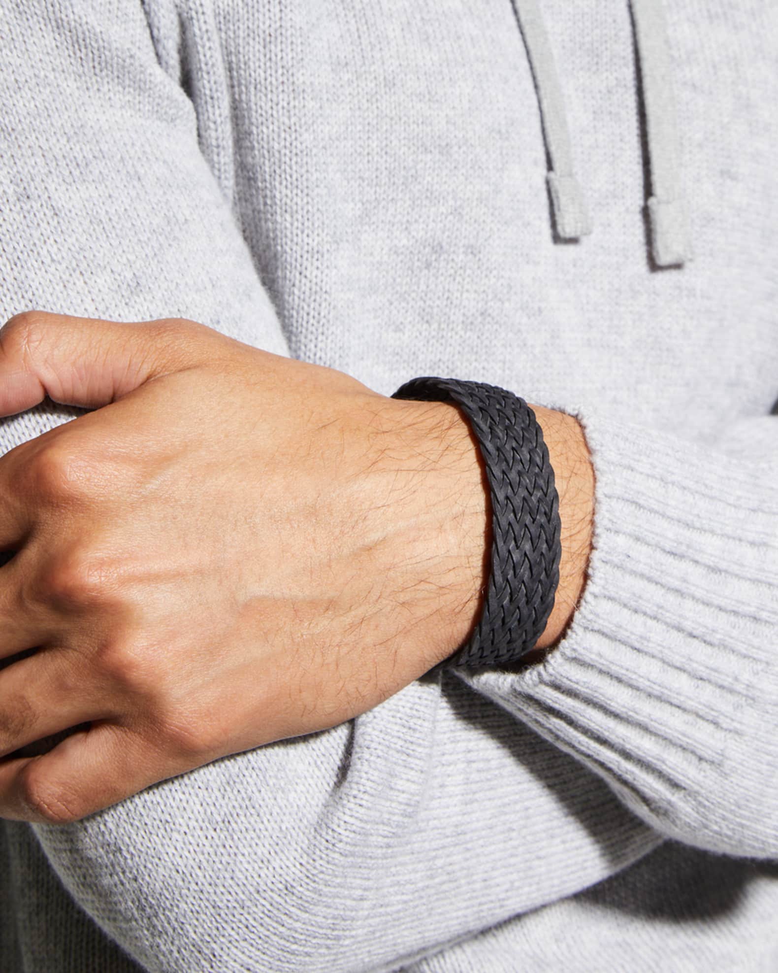 Men's Woven Leather Bracelet w/ Diamonds & Black Sapphires 1