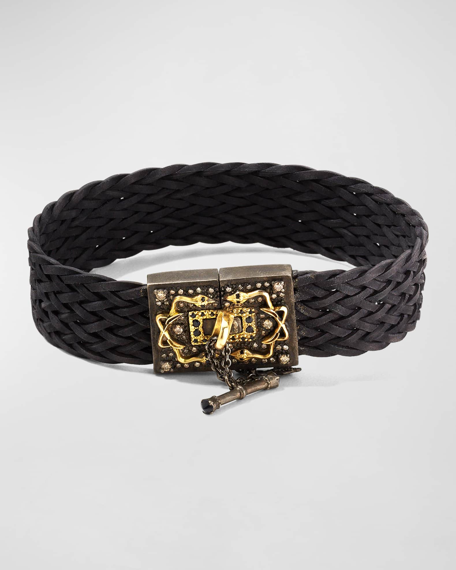 Men's Woven Leather Bracelet w/ Diamonds & Black Sapphires 0
