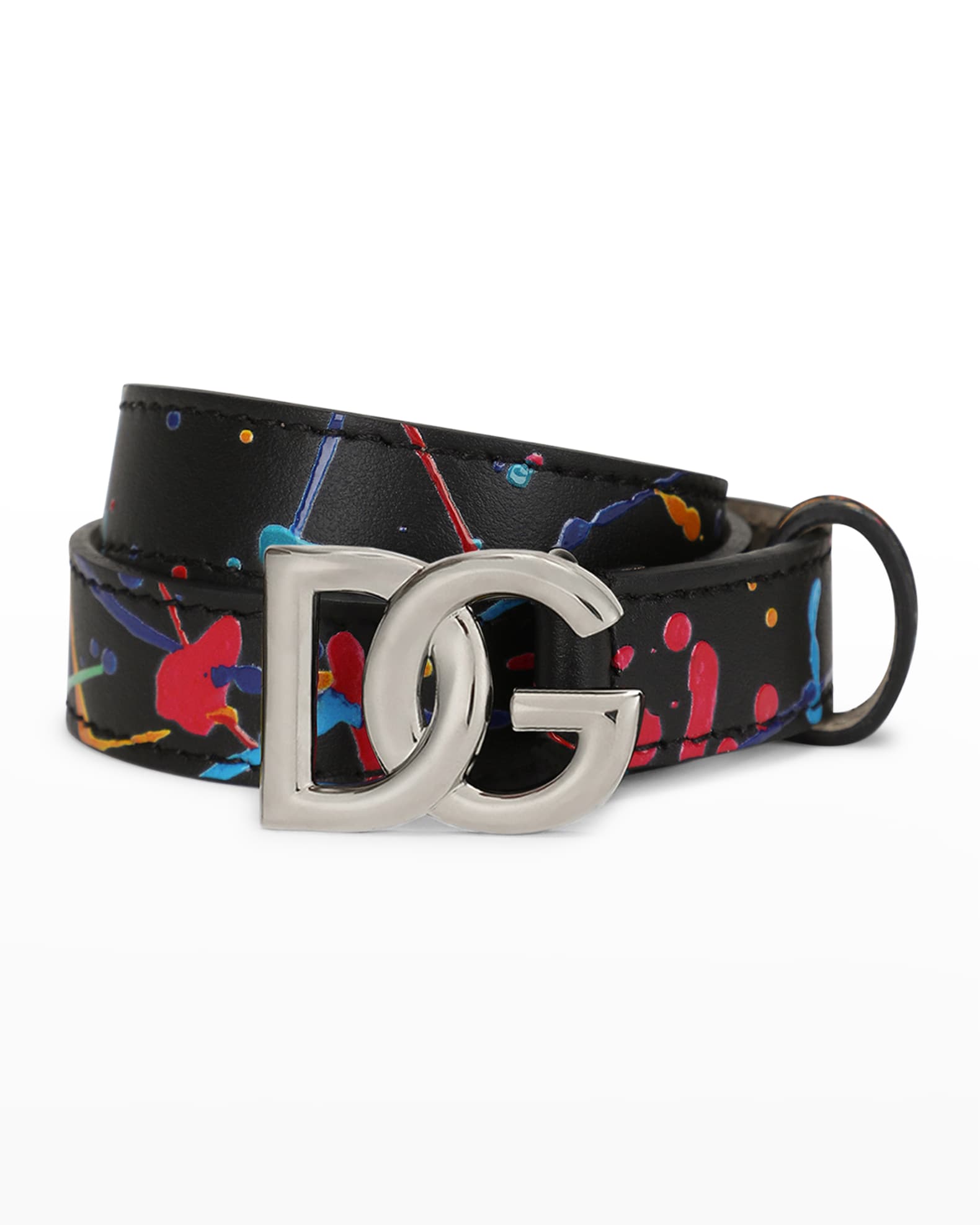 Dolce&Gabbana Kid's Splatter Paint DG Leather Buckle Belt | Neiman Marcus