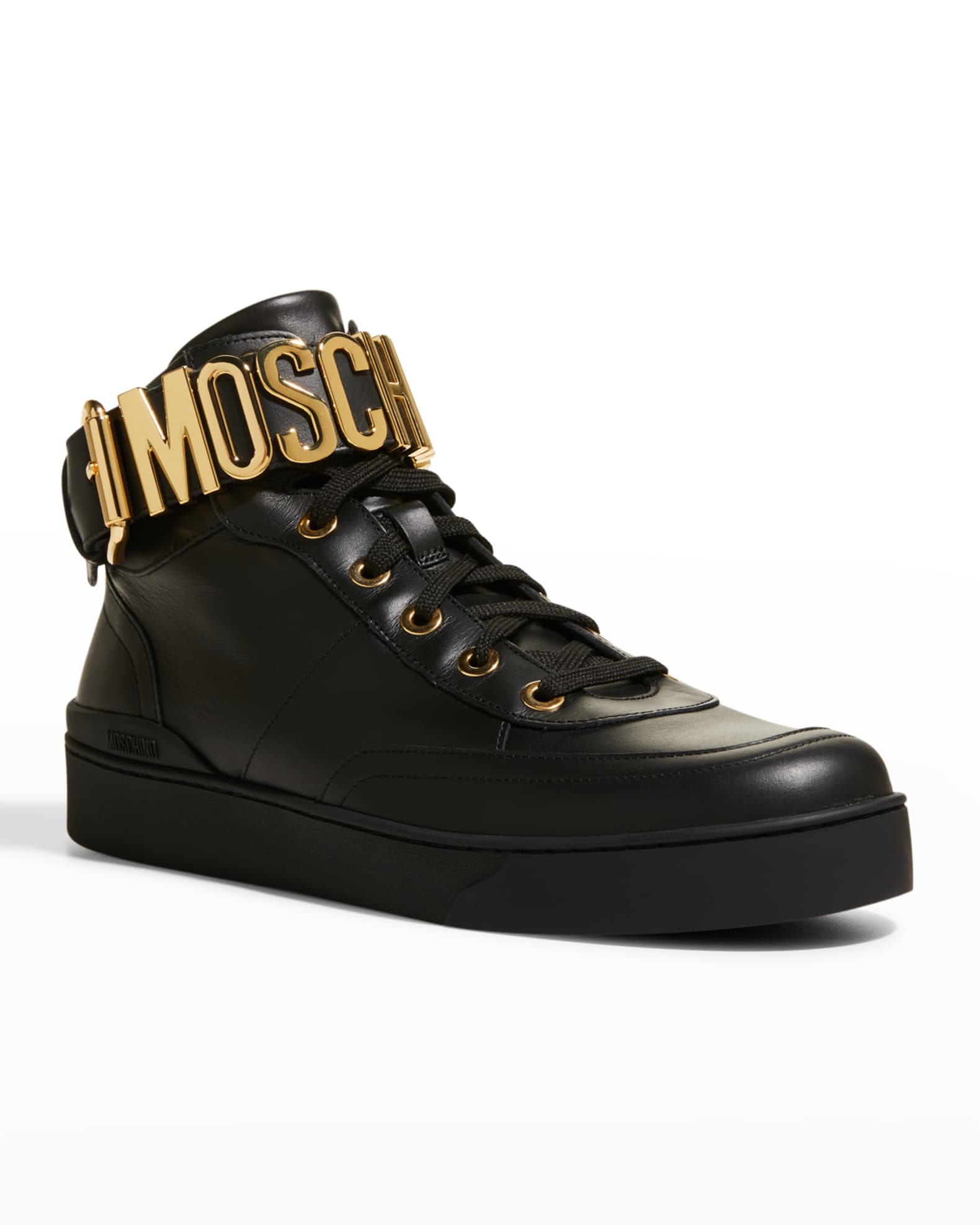 Moschino Men's Nappa Leather Basket Logo Strap Zip Sneakers | Neiman Marcus