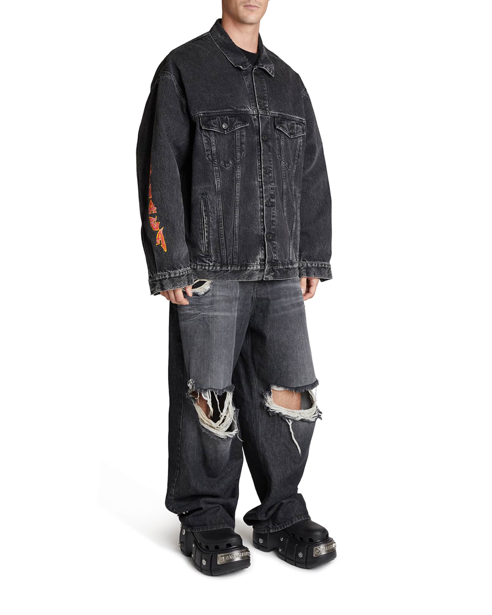 Balenciaga Men's Metal-Logo Oversized Trucker Jacket | Neiman Marcus
