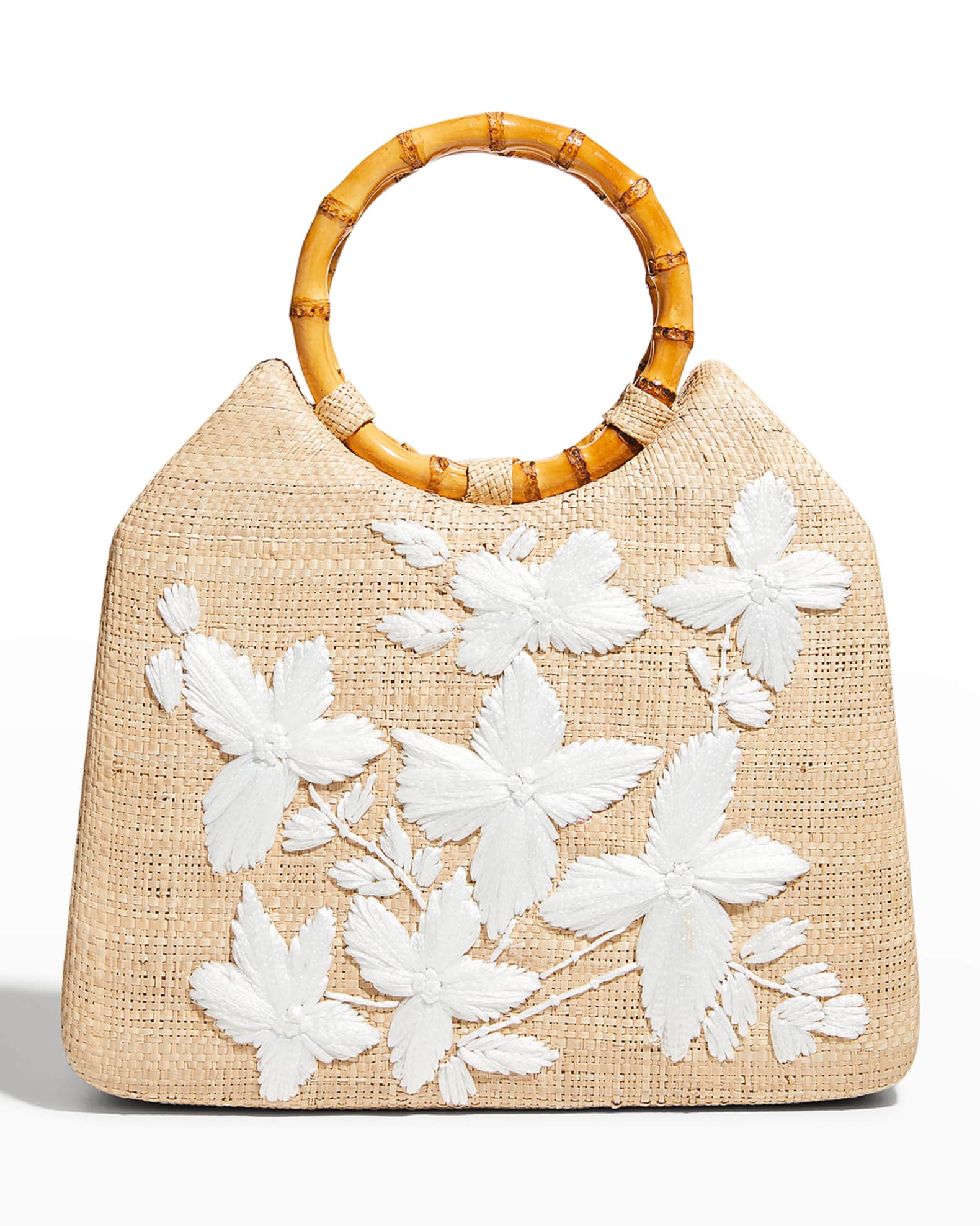 Serpui Liza Flower Embroidered Straw Top-Handle Bag | Neiman Marcus