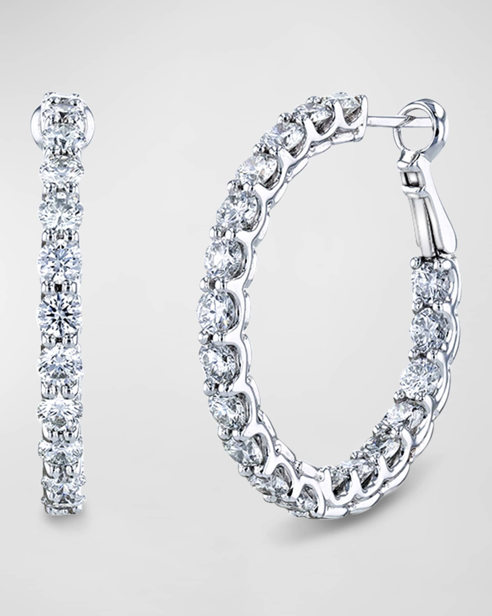 18K White Gold Round Diamond Wire Cup Hoop Earrings, 1"L, 2.85tcw 0