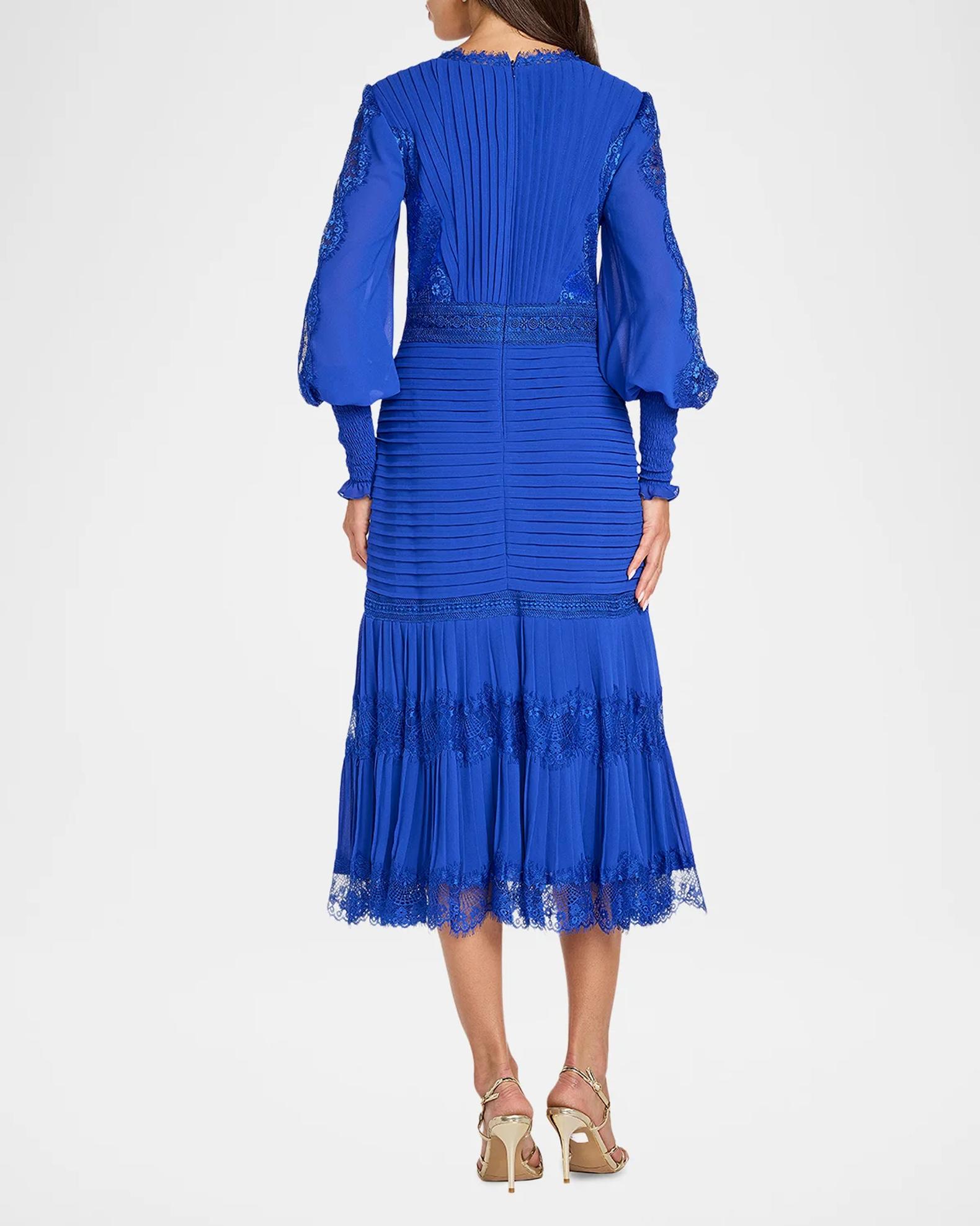 Tadashi Shoji Pleated Chiffon & Lace Bishop-Sleeve Dress | Neiman