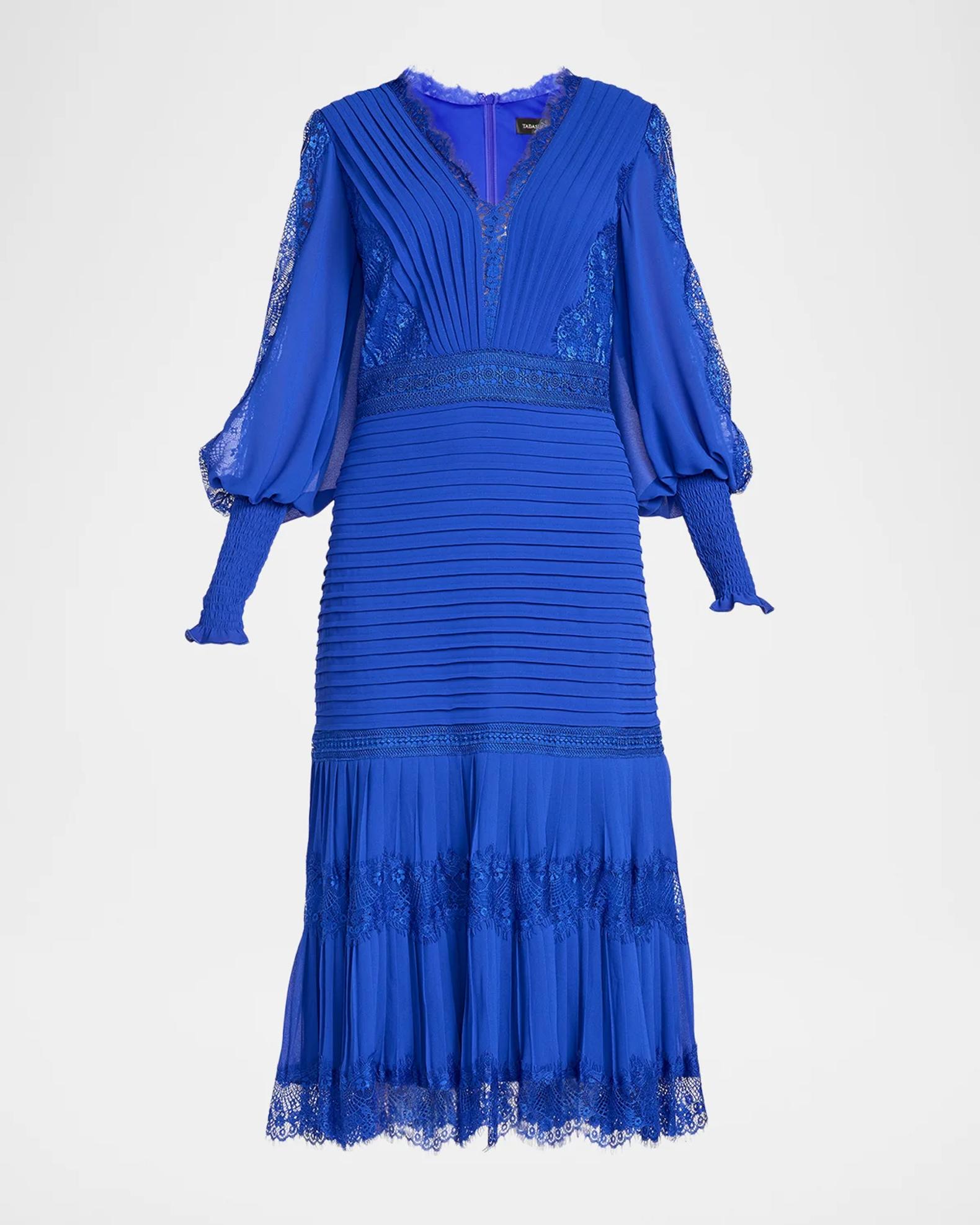 Tadashi Shoji Pleated Chiffon & Lace Bishop-Sleeve Dress | Neiman