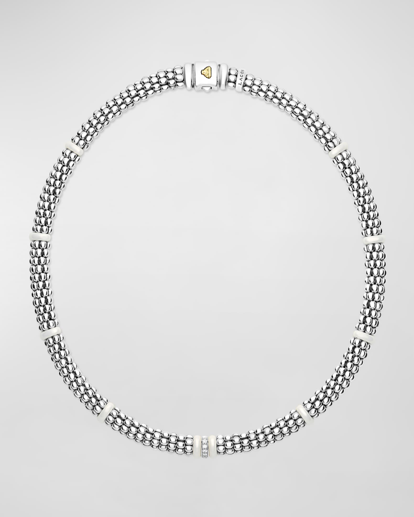 LAGOS Sterling Silver and Gold White Caviar White Ceramic Diamond Link Necklace