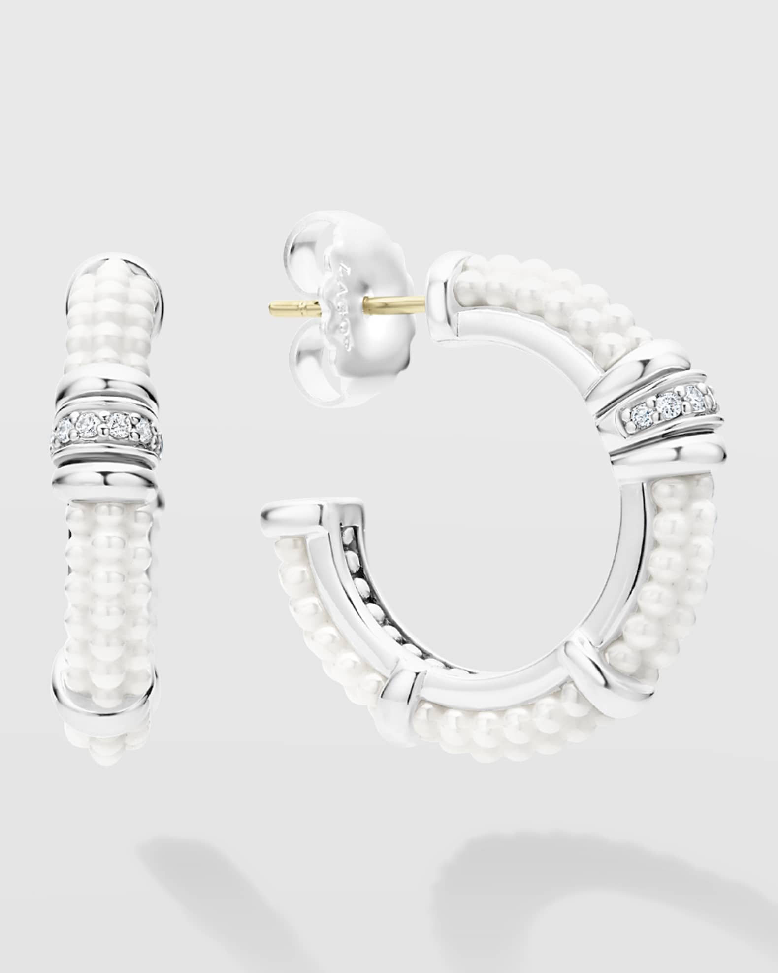 LAGOS Sterling Silver White Caviar White Ceramic Diamond 1-Row Hoop Earrings, 23mm
