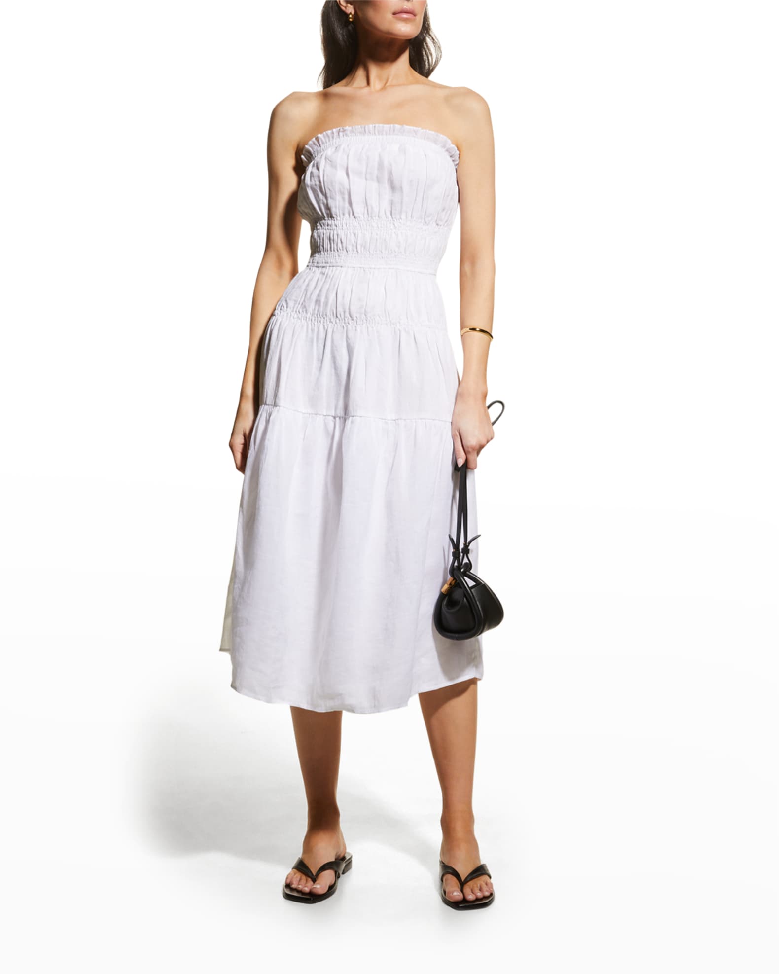 FRAME Smocked Strapless Midi Dress Neiman Marcus