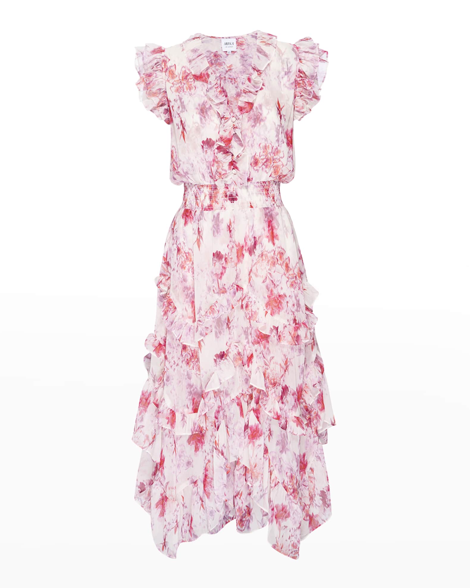 MISA Los Angeles Dakota Midi Ruffle Floral Chiffon Dress | Neiman Marcus