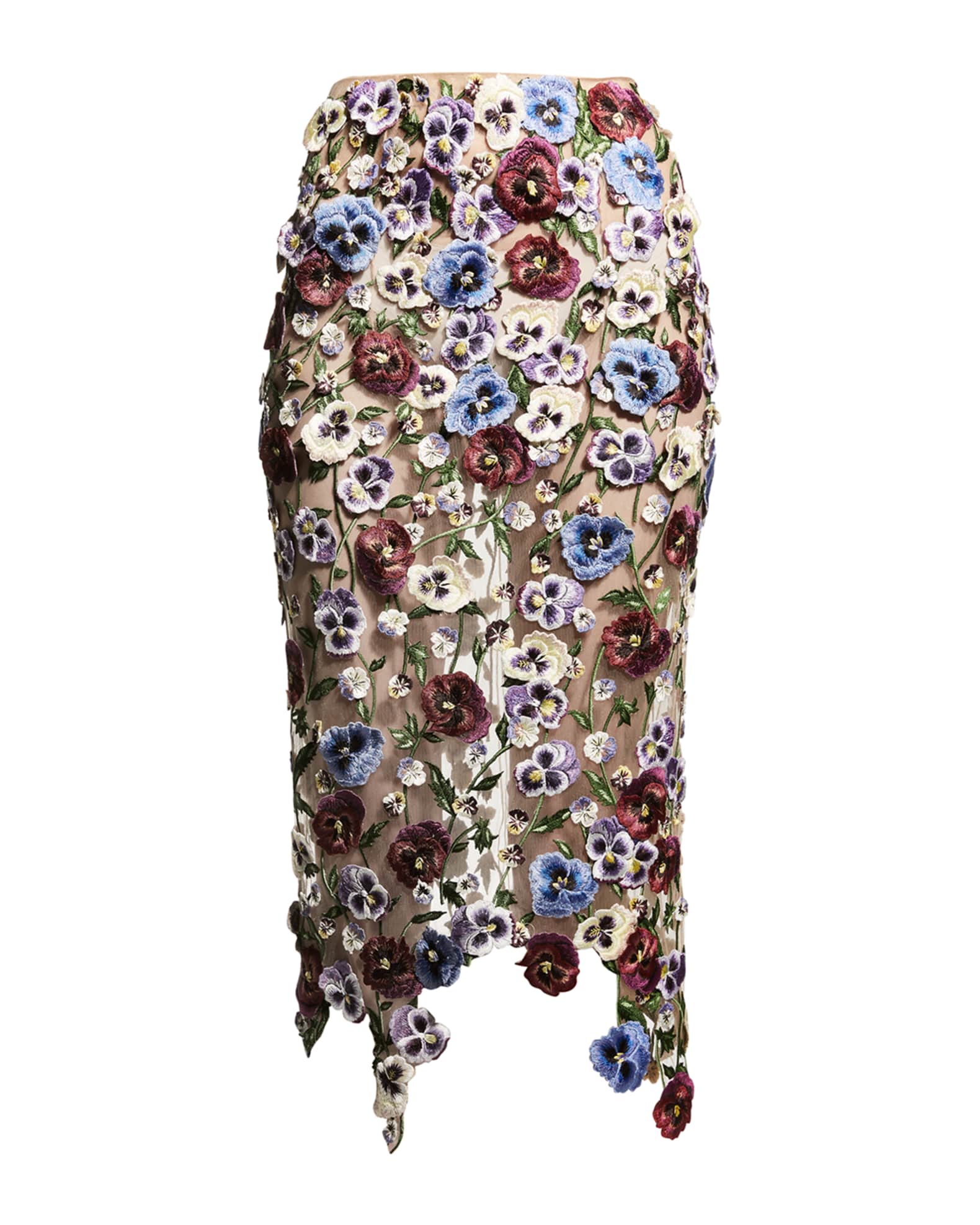 Oscar de la Renta Pansy Embroidered Sheer Midi Skirt | Neiman Marcus