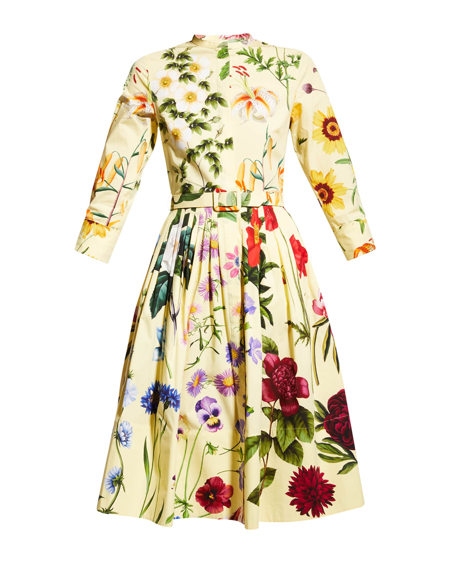 Oscar de la Renta Floral Pleated Midi Dress w/ Belt | Neiman Marcus