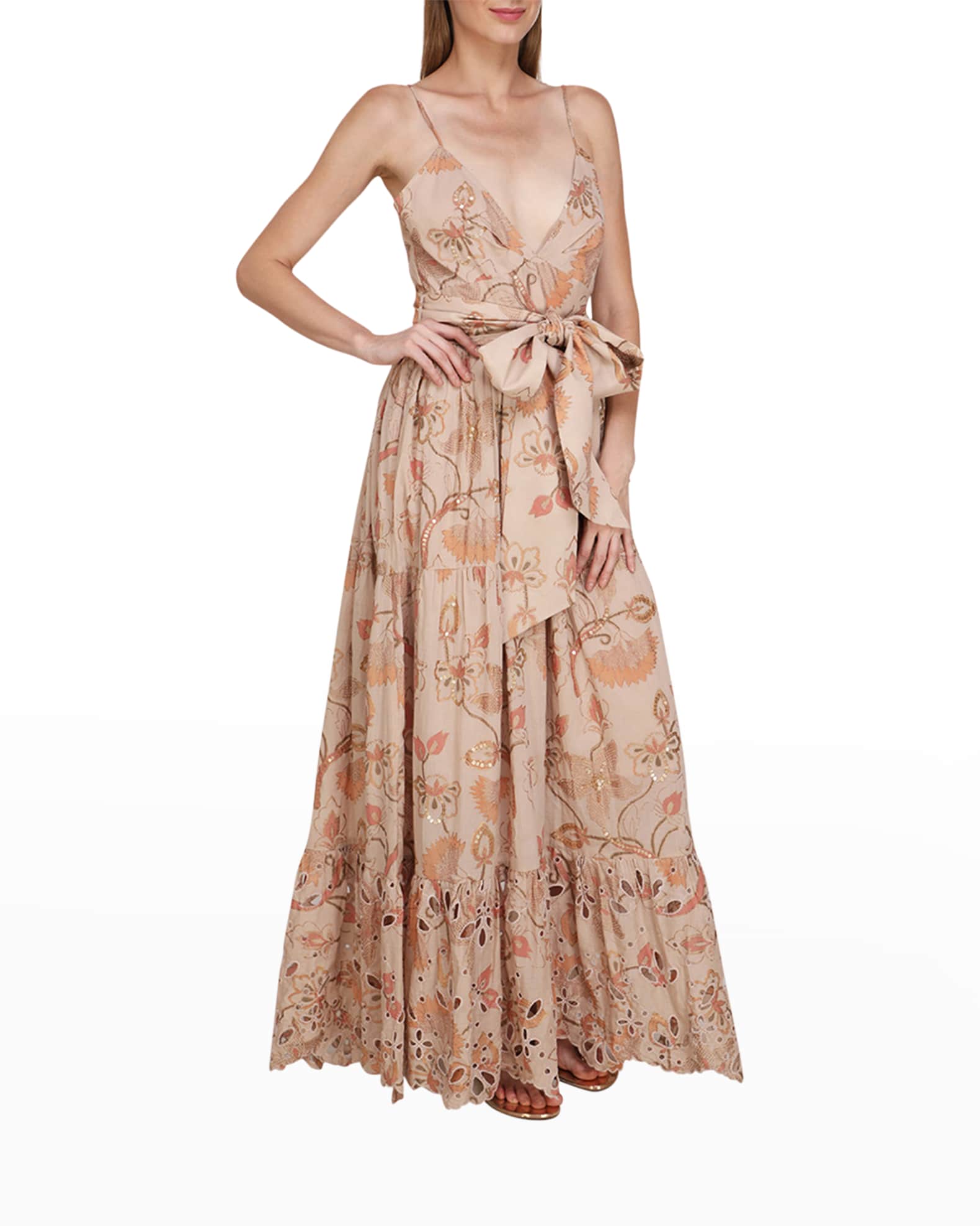 Flora Bella Las Canadas Floral Eyelet Belted Wrap Maxi Dress Neiman