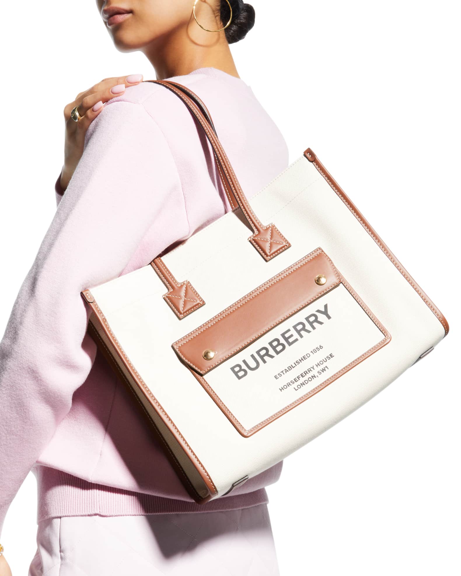  BURBERRY Freya Small Two-tone Canvas And Leather Tote In  Natural/Tan : Clothing, Shoes & Jewelry