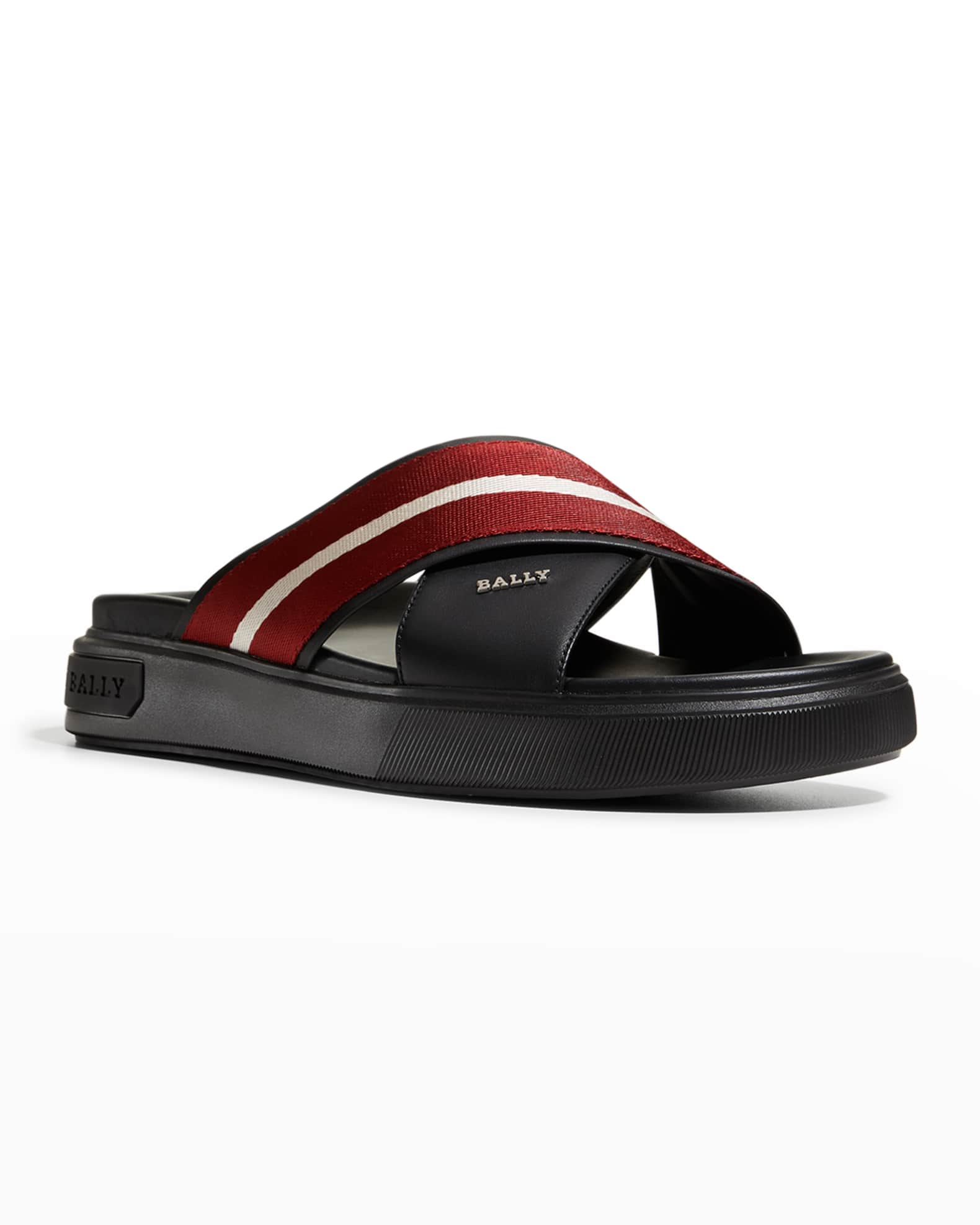 Bally Men's Jaket Nylon Stripe Leather Slide Sandals Neiman Marcus