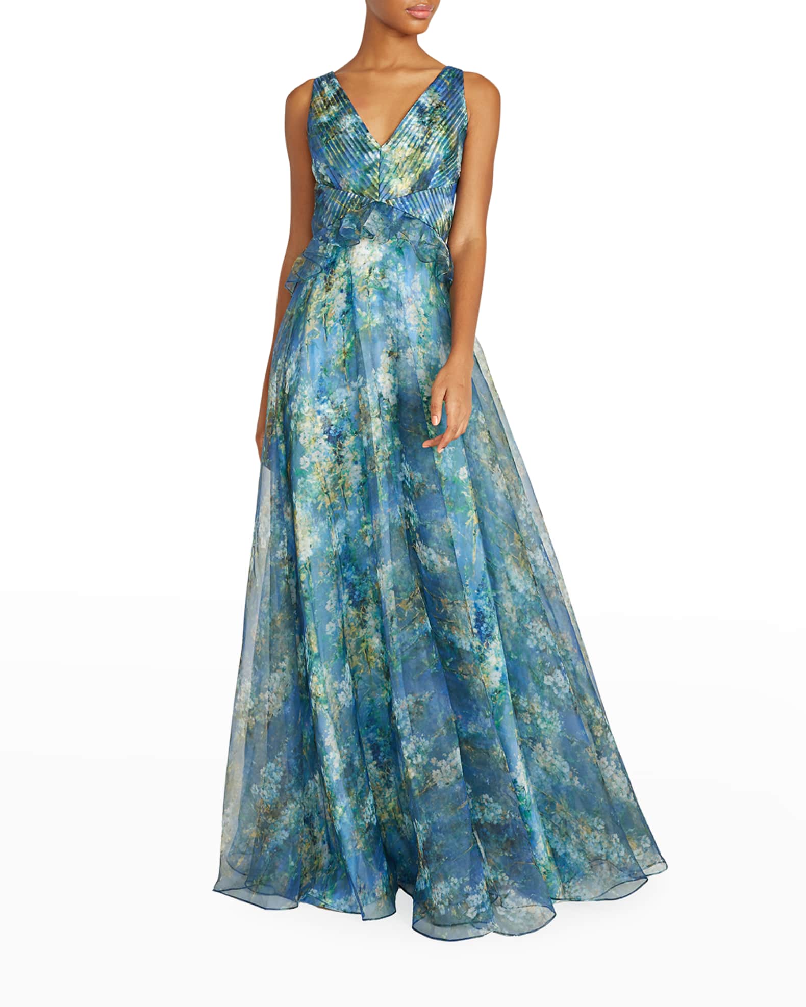 Theia Antoinette Pleated Floral-Print Gown | Neiman Marcus
