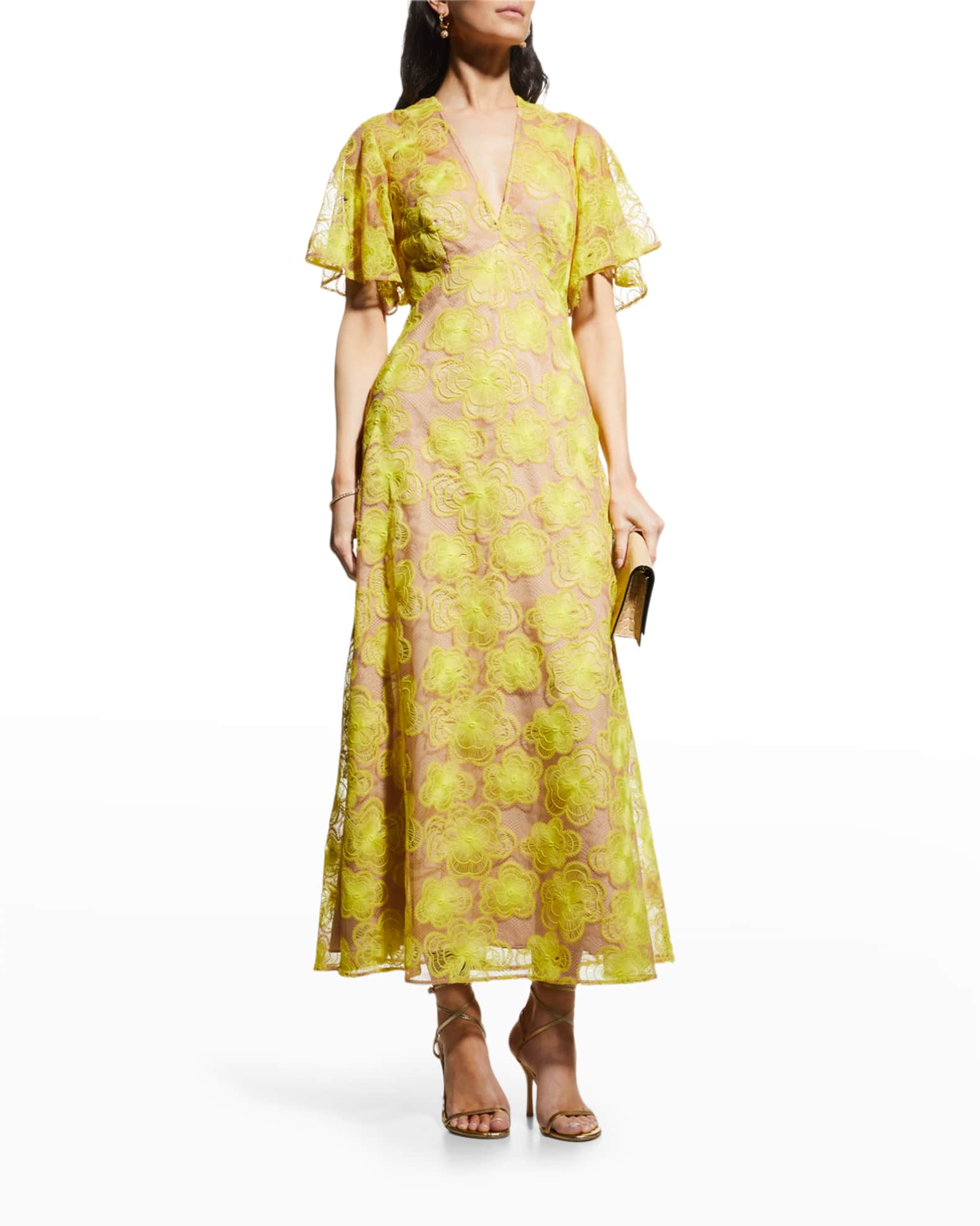 Lela Rose Floral Lace Flutter-Sleeve Maxi Dress | Neiman Marcus