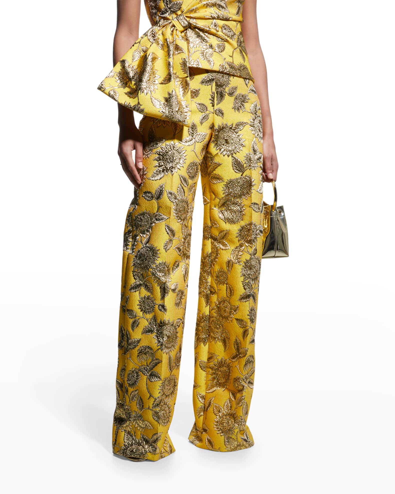 Lela Rose Metallic Floral Jacquard Wide-Leg Pants | Neiman Marcus