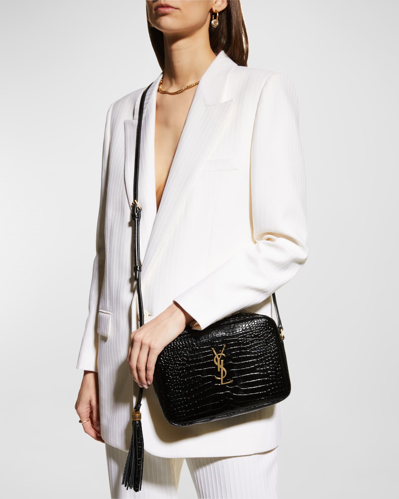 lou mini bag in crocodile-embossed patent leather