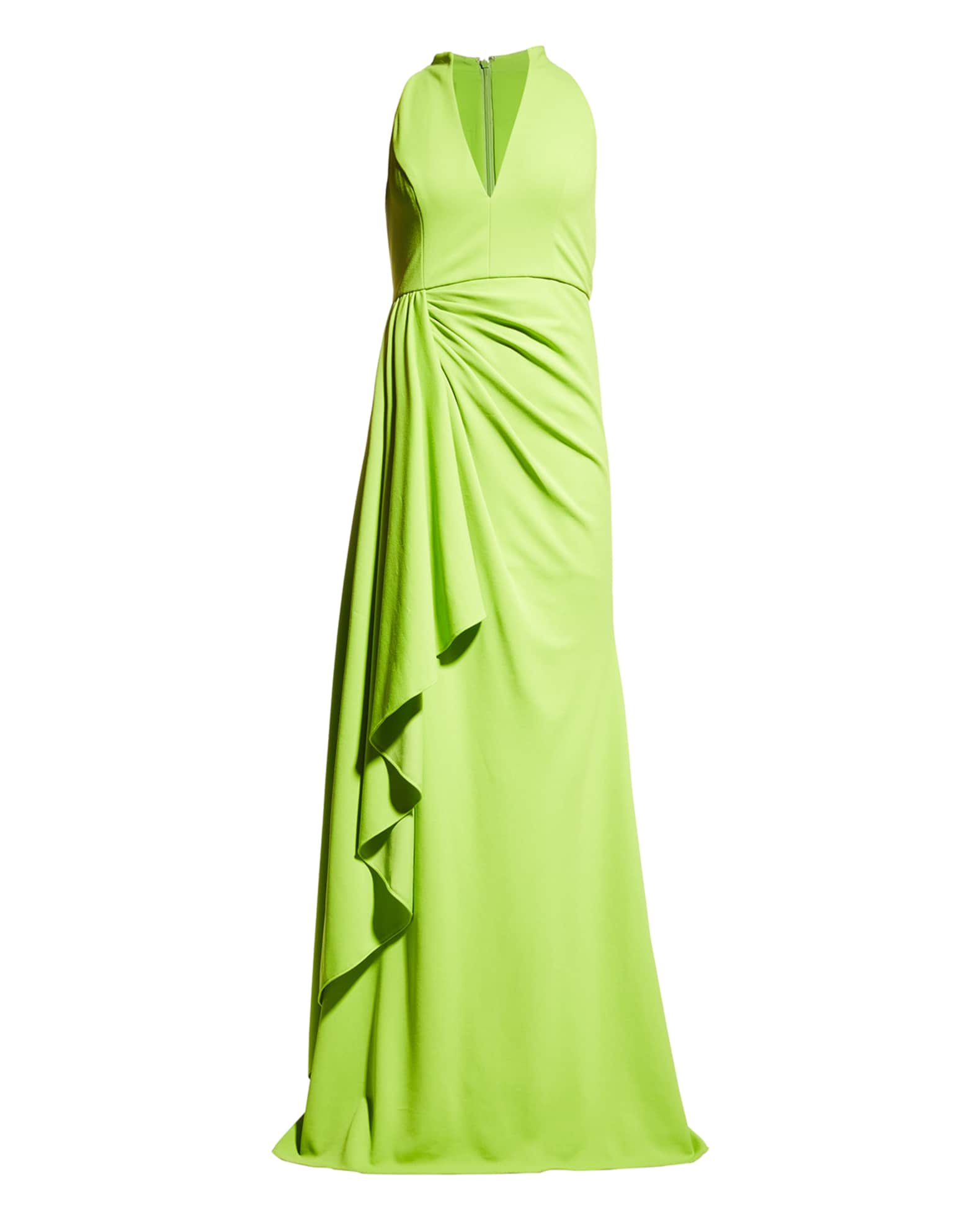 Badgley Mischka Collection Ruched Halter Dress w/ Drape | Neiman Marcus