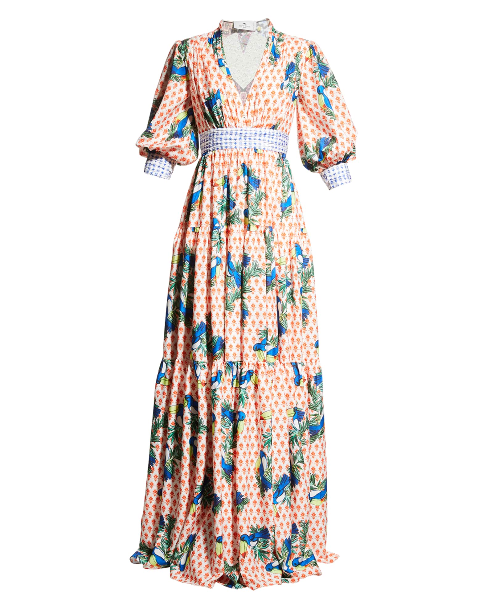 Badgley Mischka Collection 3/4-Sleeve Tucan-Print Tiered Gown | Neiman ...