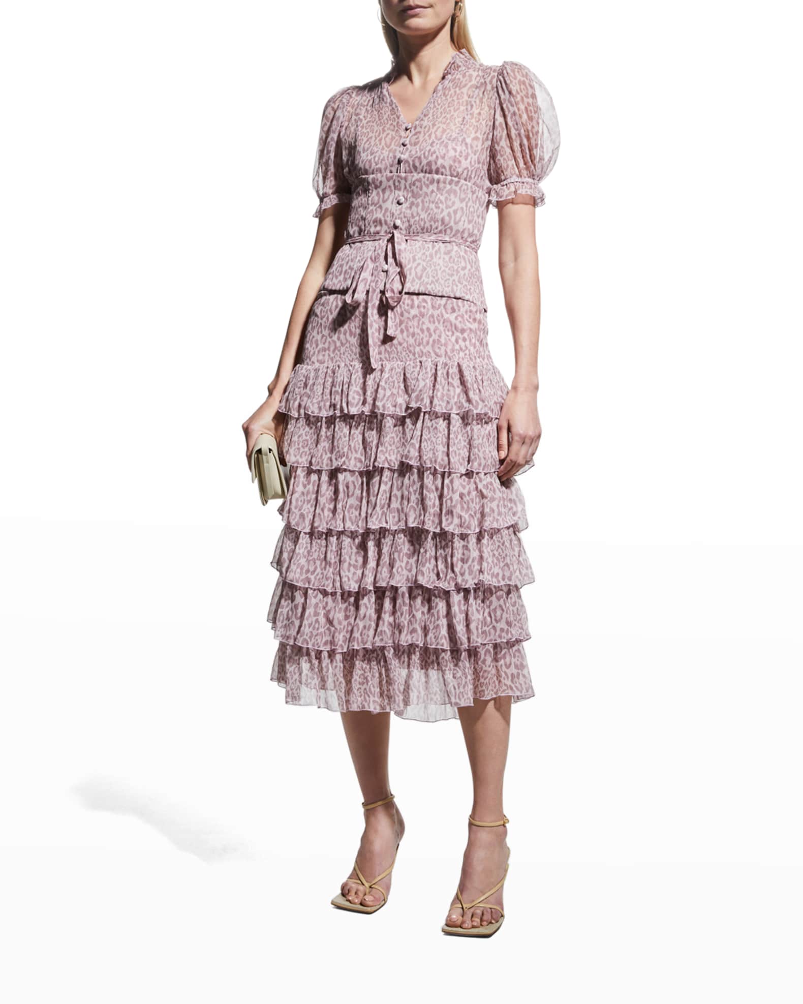 ALESSIA ZAMATTIO Tropea Leopard Tiered Puffed-Sleeve Midi Dress | Neiman Marcus