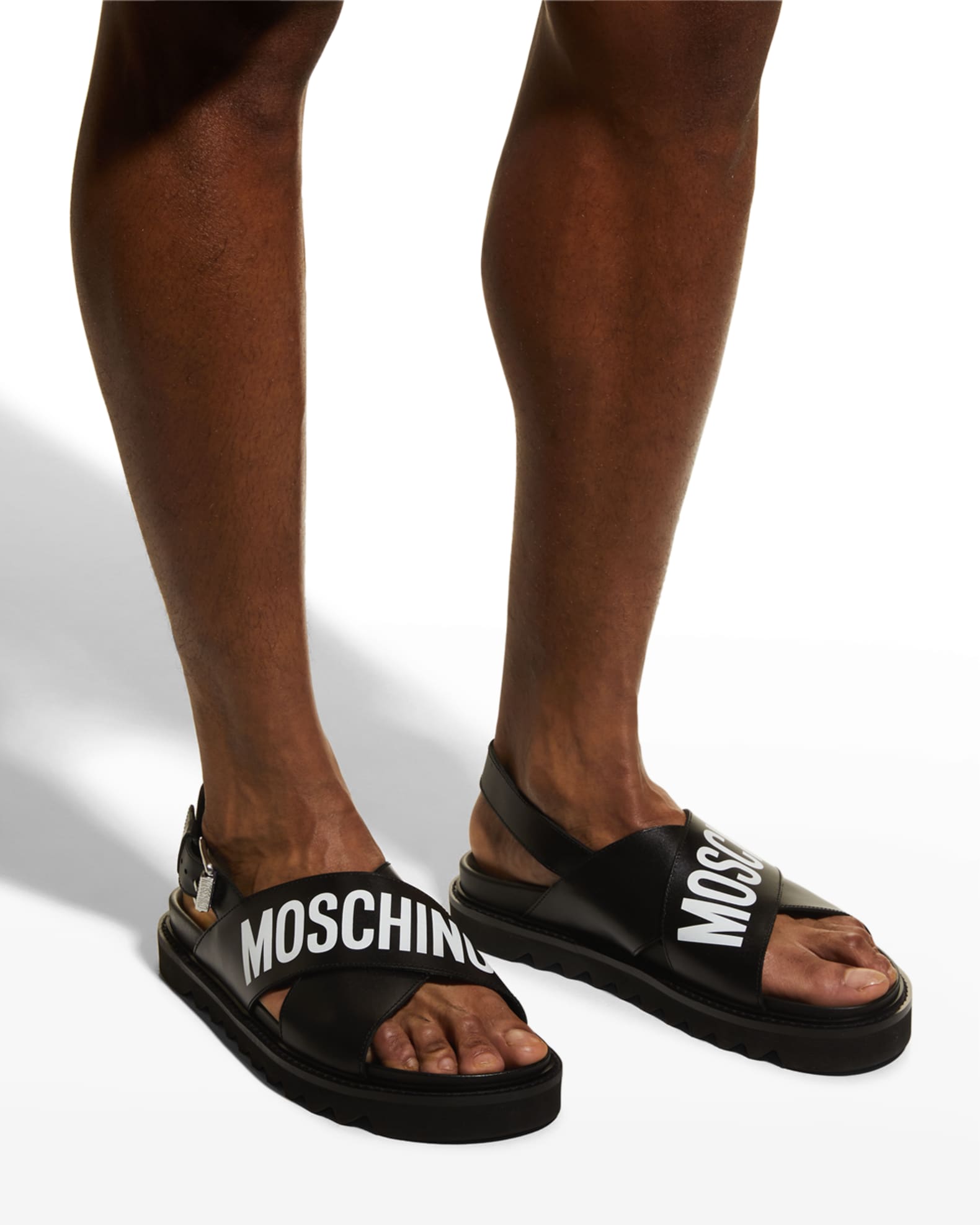 Moschino Men's Leather Crisscross Logo Sandals Neiman Marcus