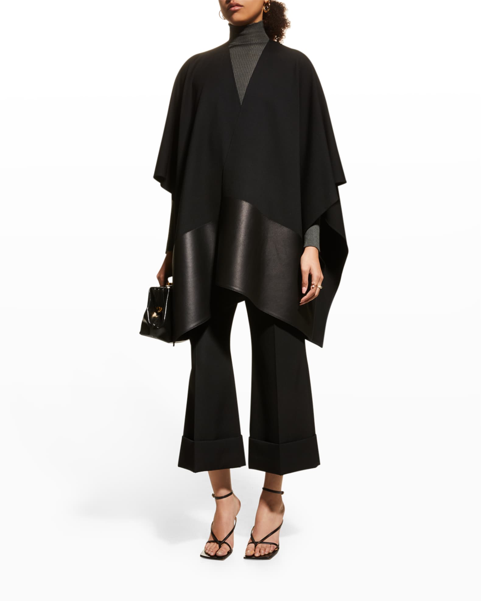 Leather-Trim Punto Milano Wrap Poncho 0
