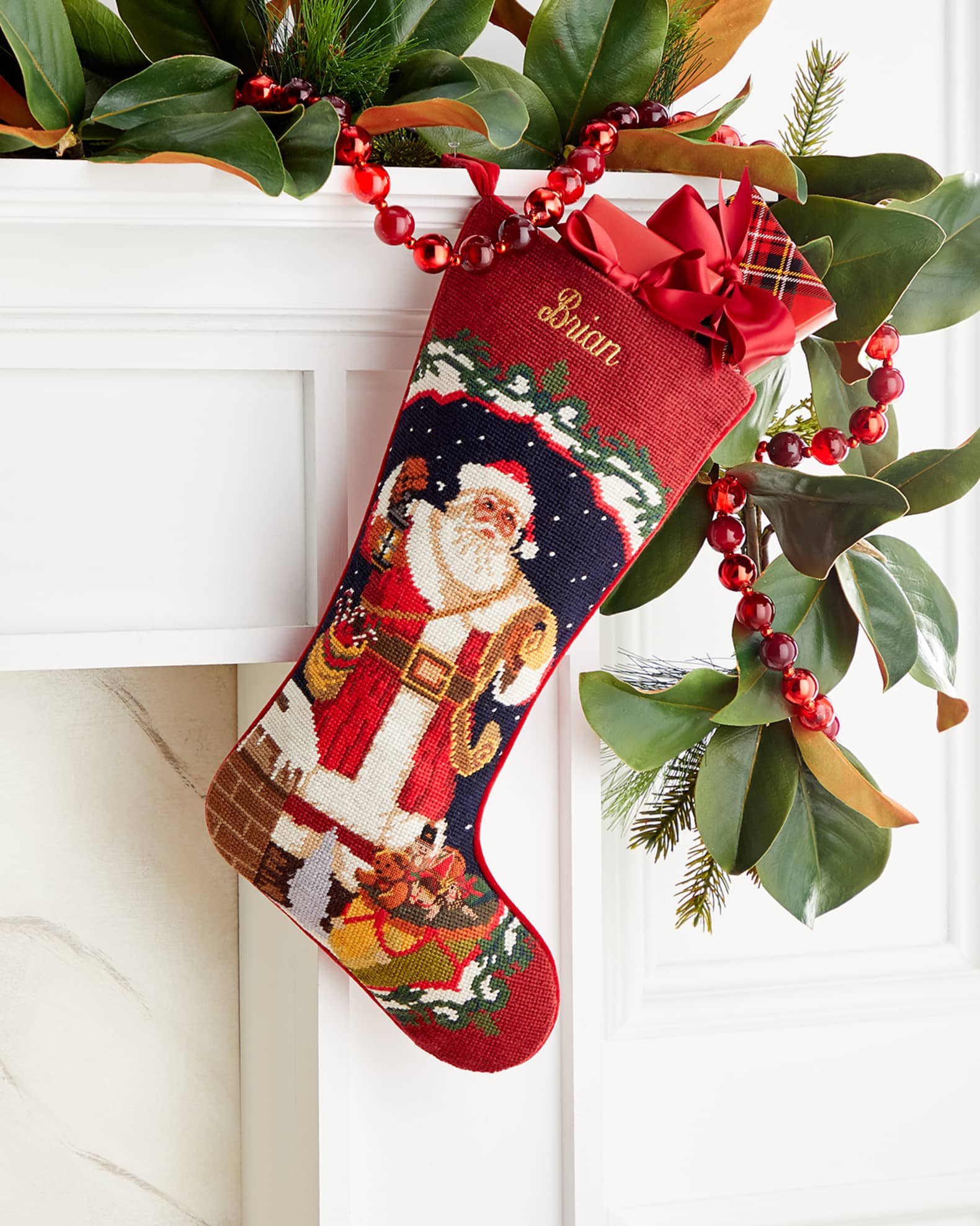 Needlepoint Personalized Christmas Stocking: Teddy Bear Santa Suit