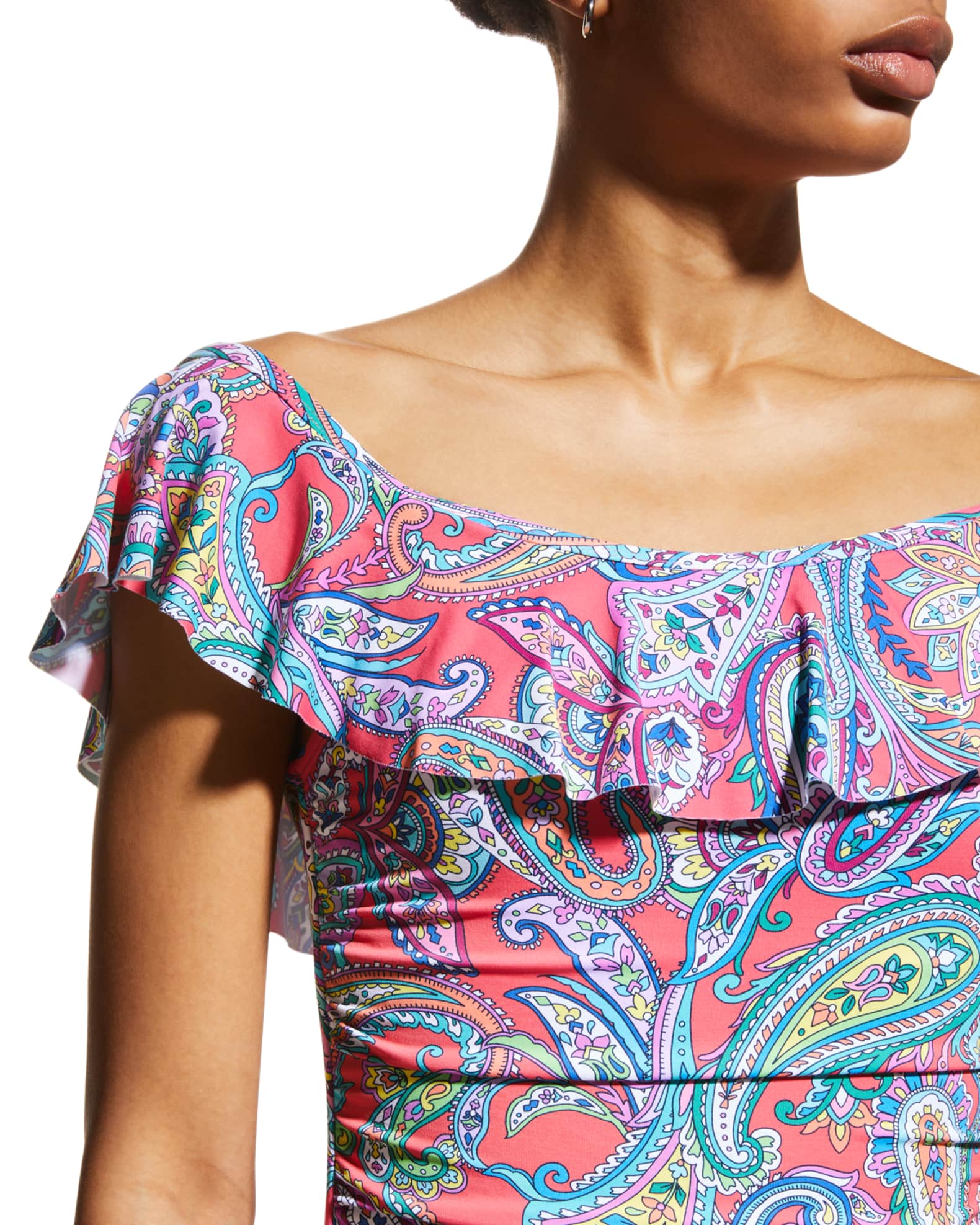 Tommy Bahama PaisleyPrint Ruffle OnePiece Swimsuit Neiman Marcus