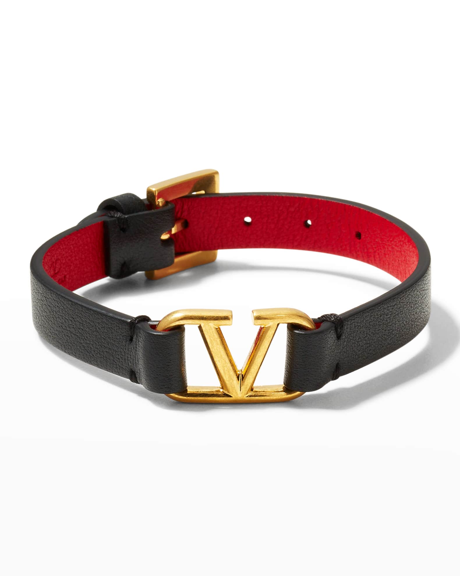 Valentino Garavani Antiqued Brass Logo Leather Bracelet