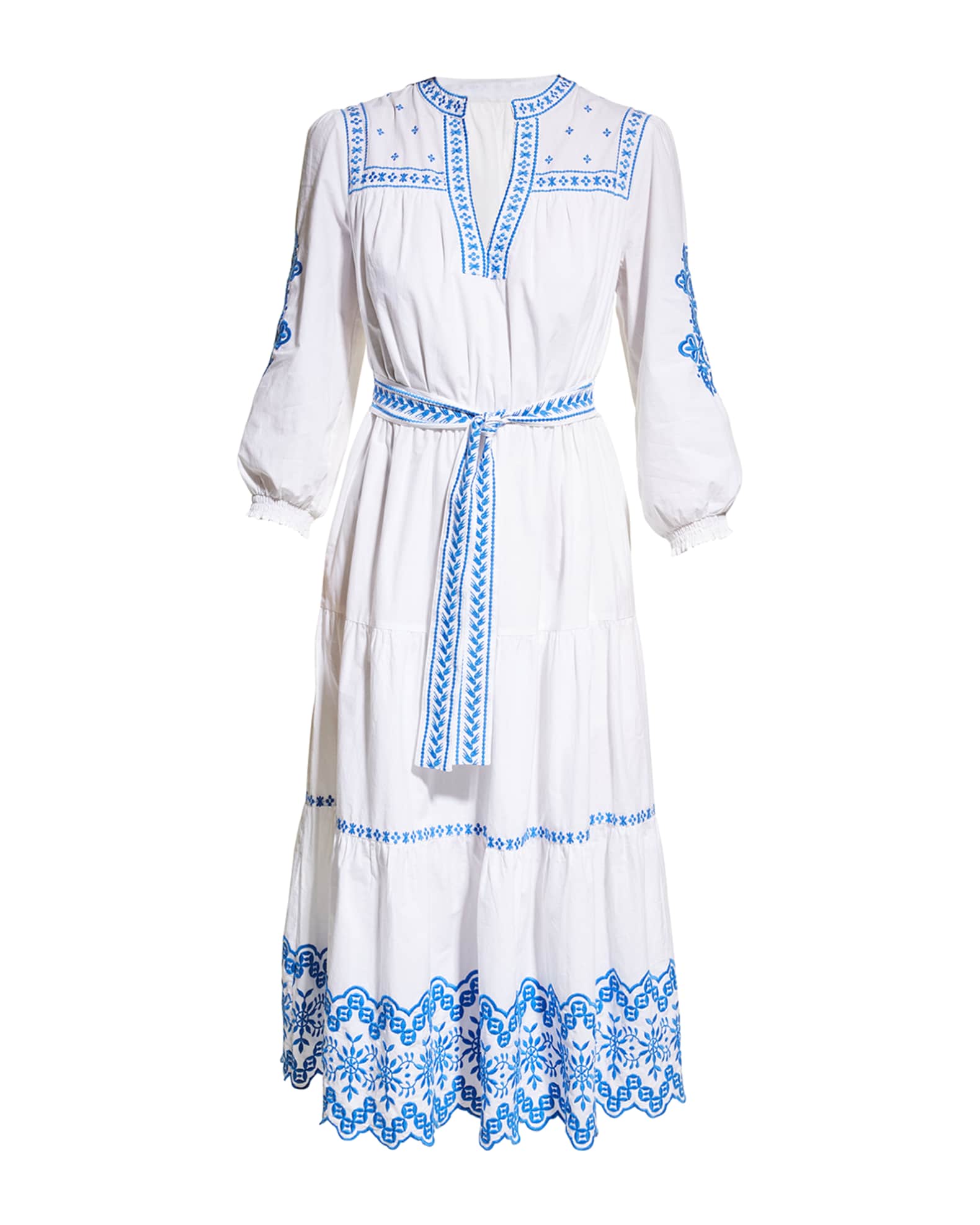 Shoshanna Leilani Embroidered Tiered Midi Dress | Neiman Marcus