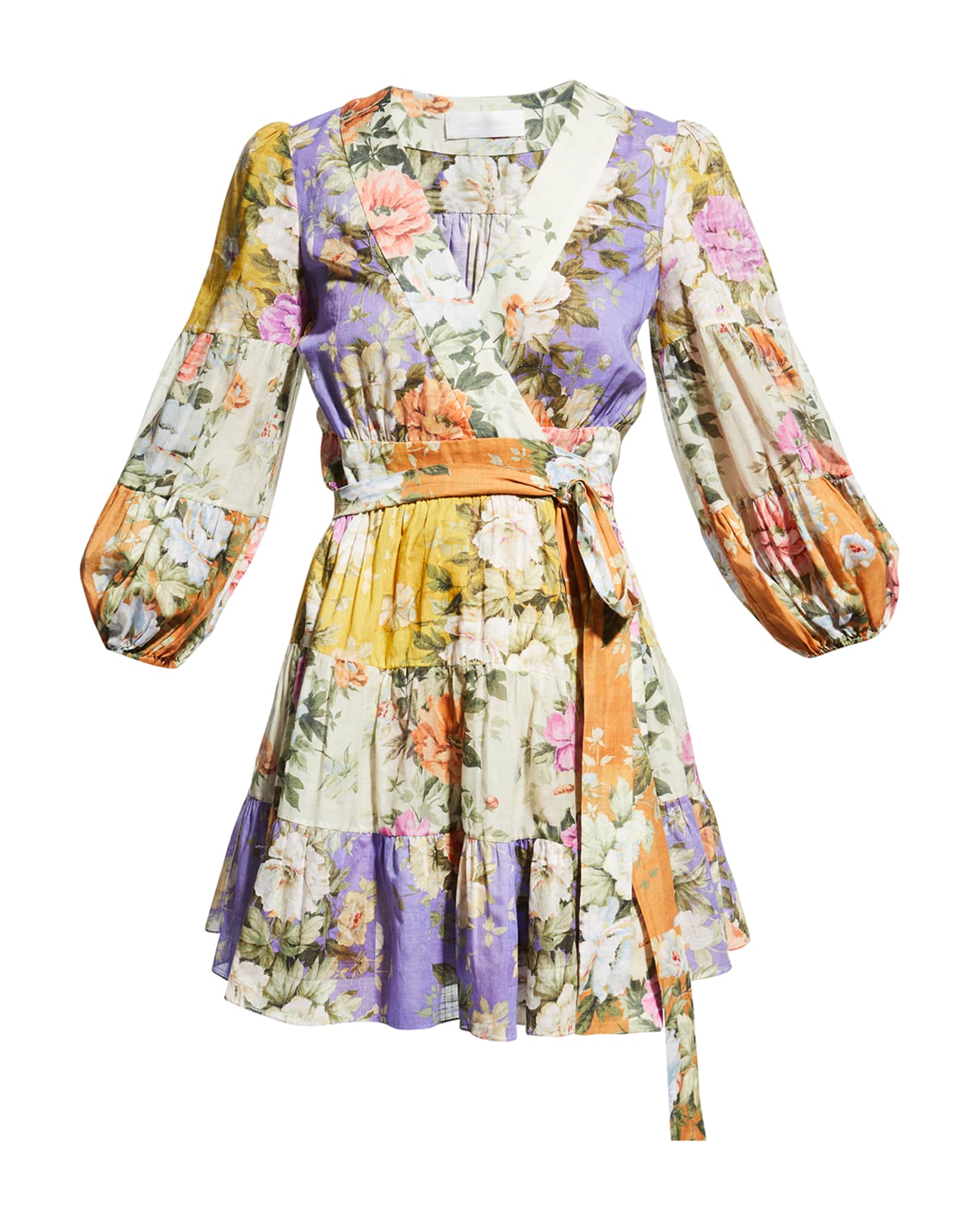 Zimmermann Pattie Floral Wrap Tiered Three-Quarter Sleeve Mini Dress ...