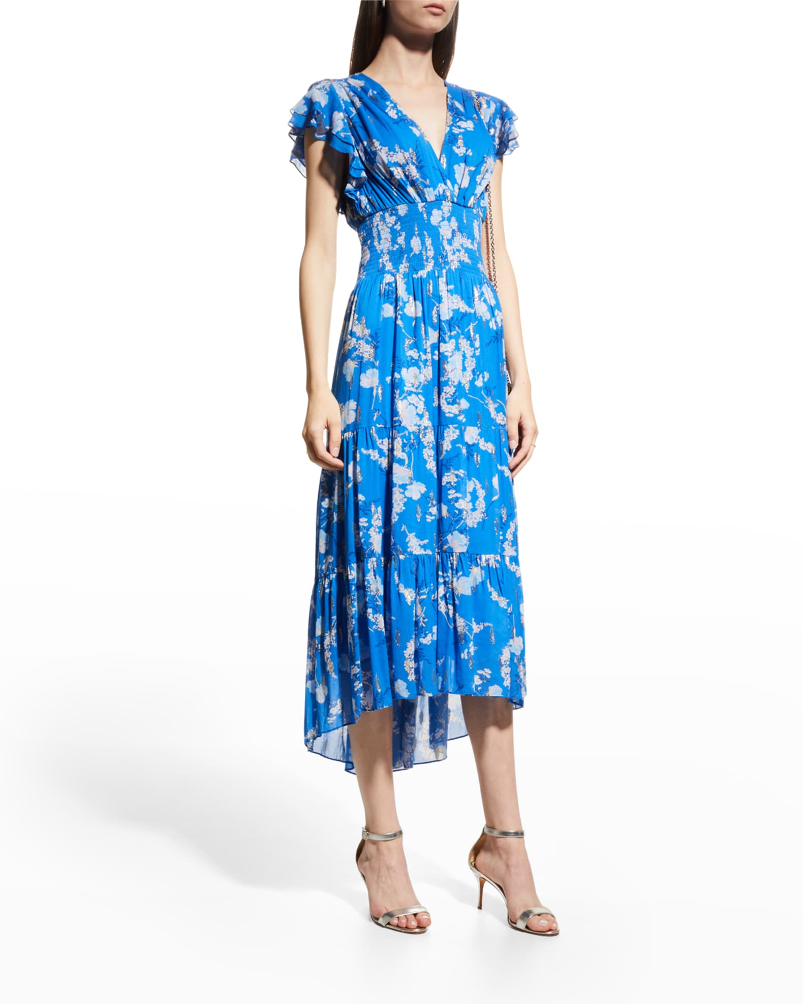 Shoshanna Neal Smocked Floral-Print Midi Dress | Neiman Marcus