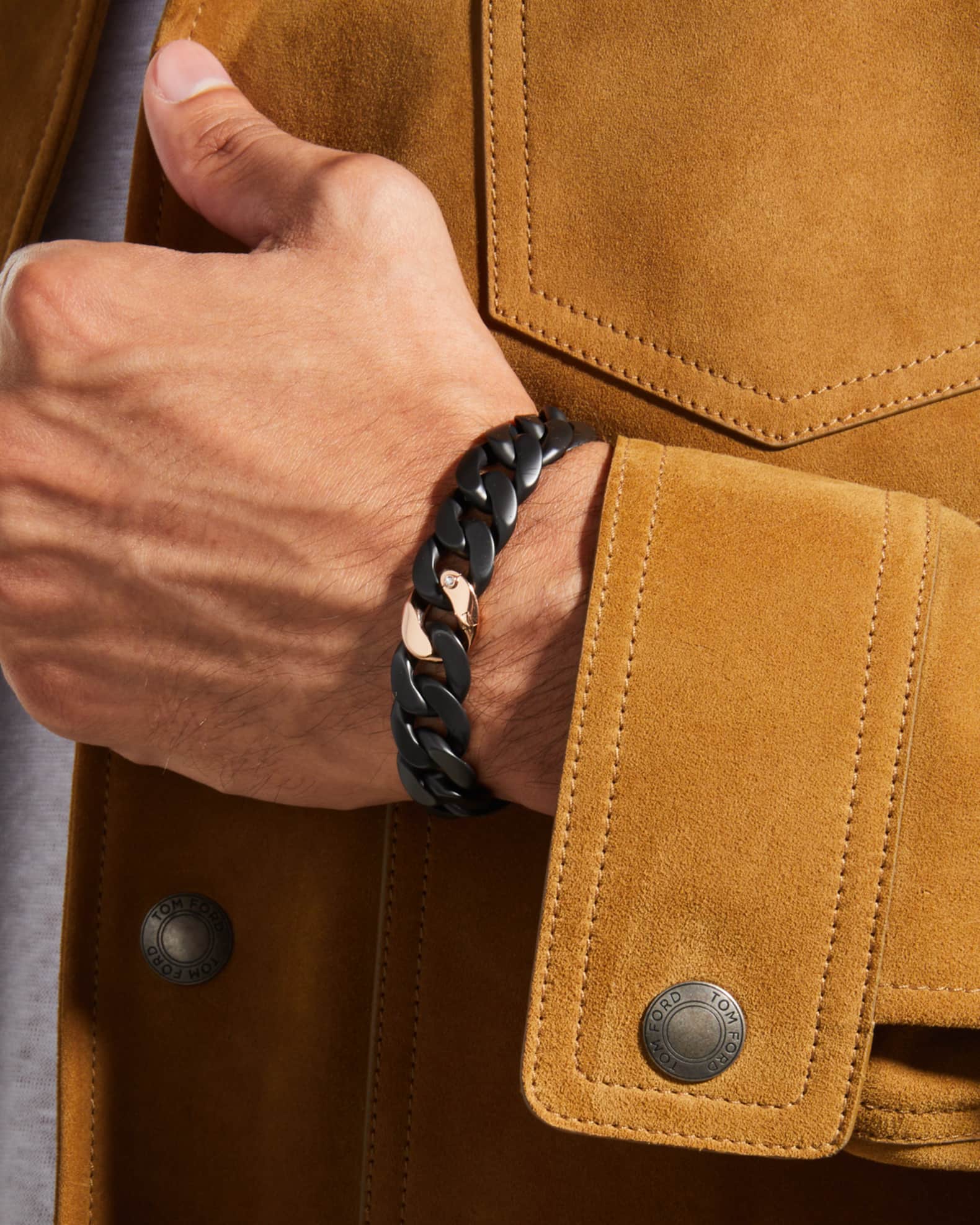 Men's Matte Black Ceramic Link Bracelet with One Rose Gold Link 1