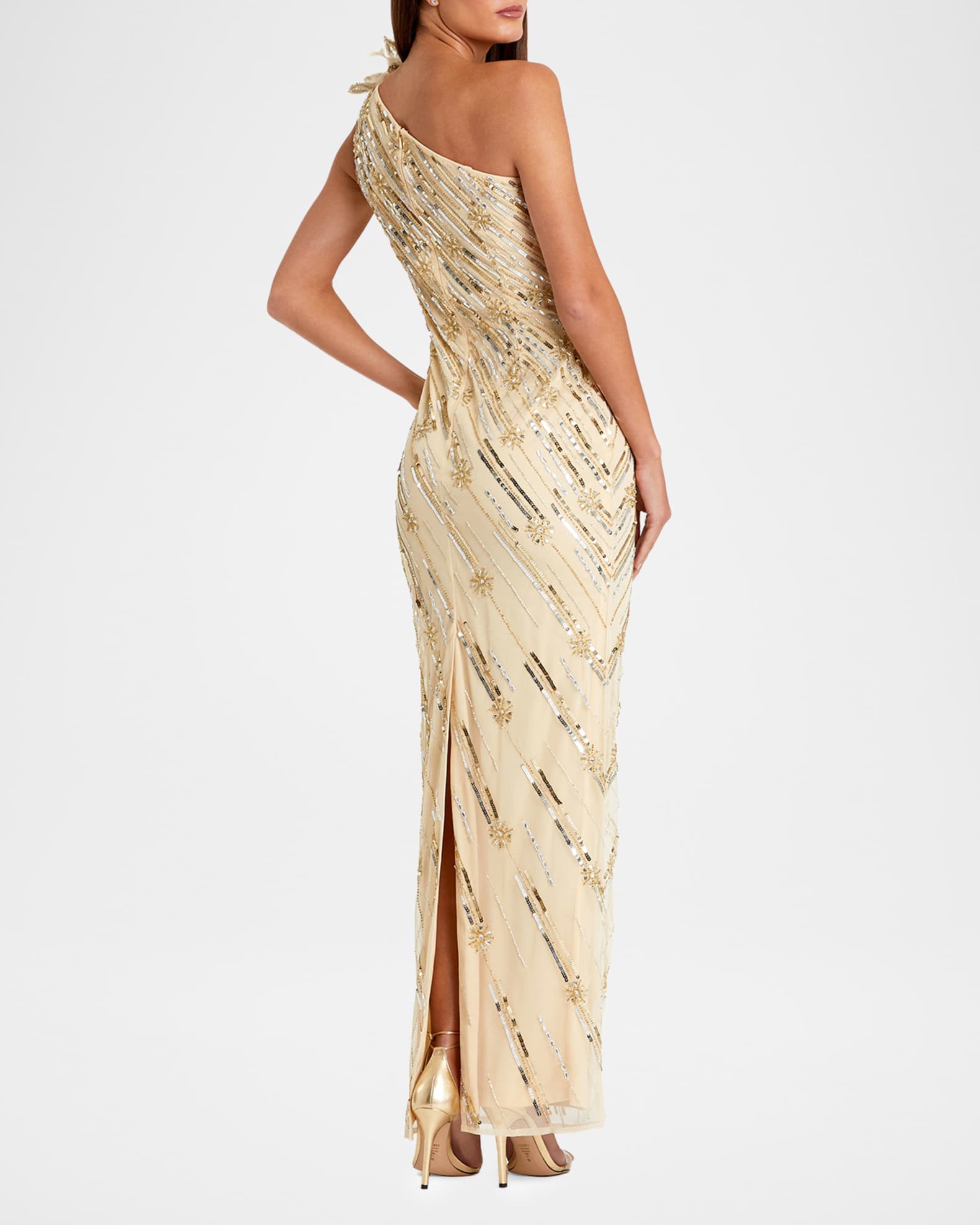 green emerald velvet dress Mac Duggal Women's One Shoulder Metallic Burnout Velvet Evening Gown - Gold - Size 6 main image 1