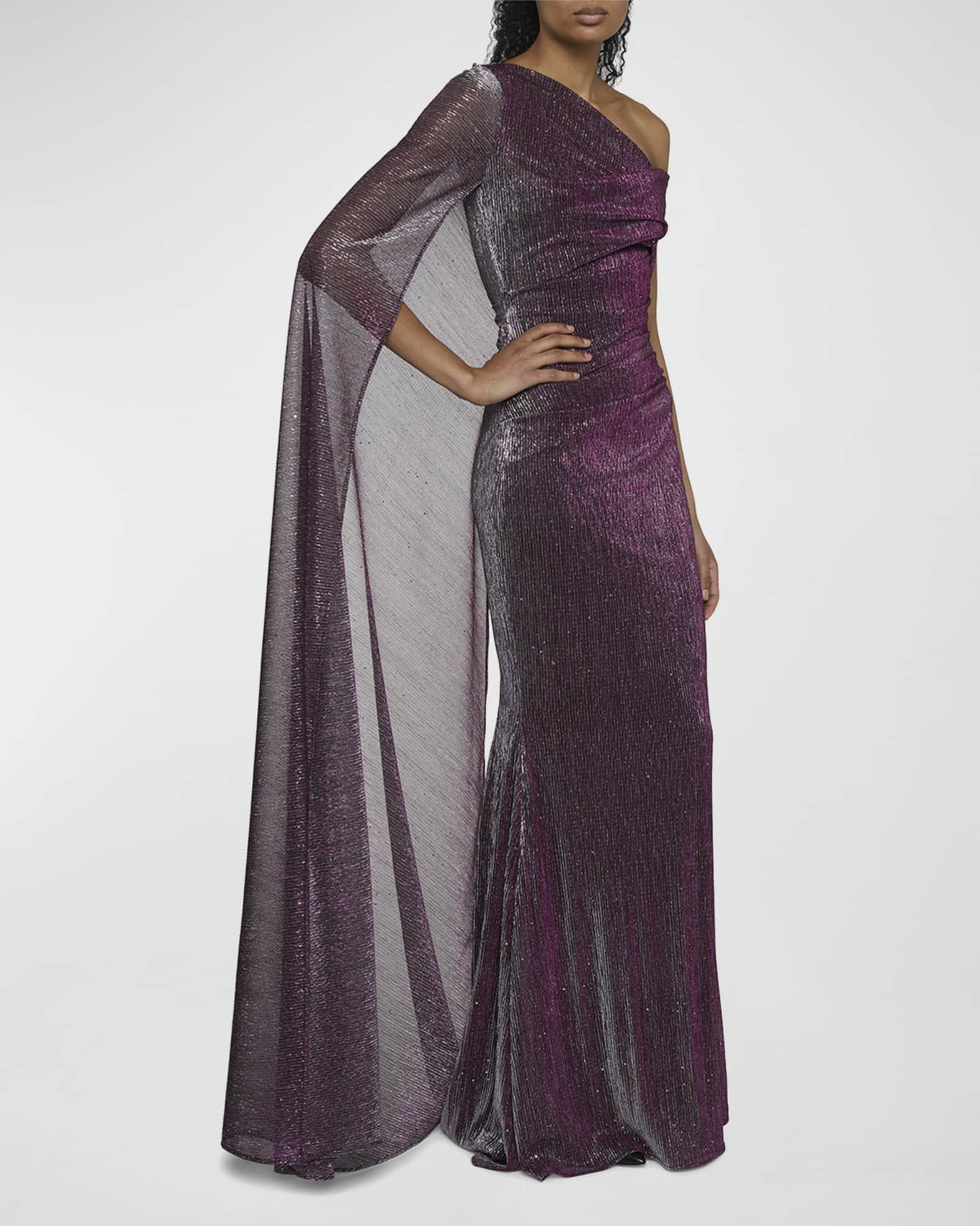 Talbot Runhof One-Shoulder Metallic Voile Cape Gown | Neiman Marcus