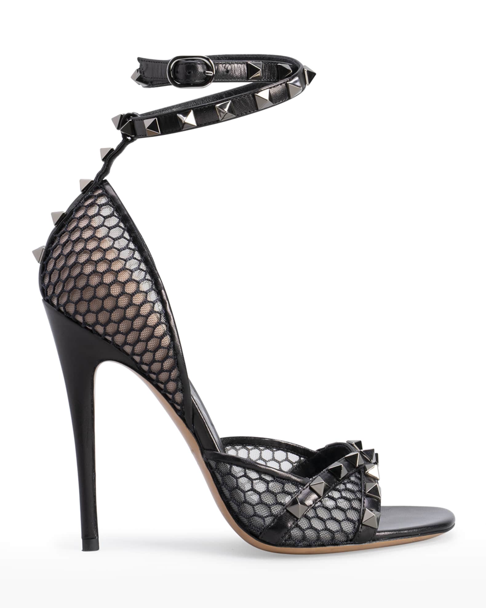 Valentino Rockstud Fishnet Ankle-Wrap Stiletto Sandals | Neiman Marcus