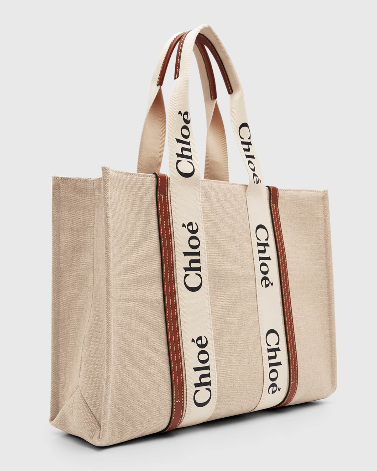 Chloé Woody スモールトートバッグ white brown Chloe Woody Large Tote Bag in Linen | Neiman Marcus